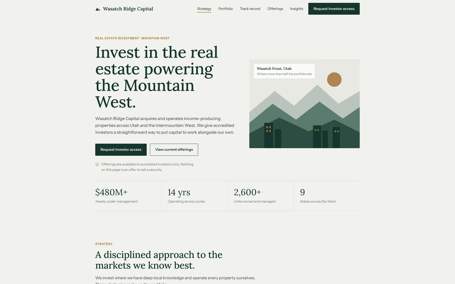 First screen of the Wasatch Ridge Capital concept: the headline "Invest in the real estate powering the Mountain West.", a drawn illustration of mountains and buildings, two buttons, an accredited investor notice, and four numbers.
