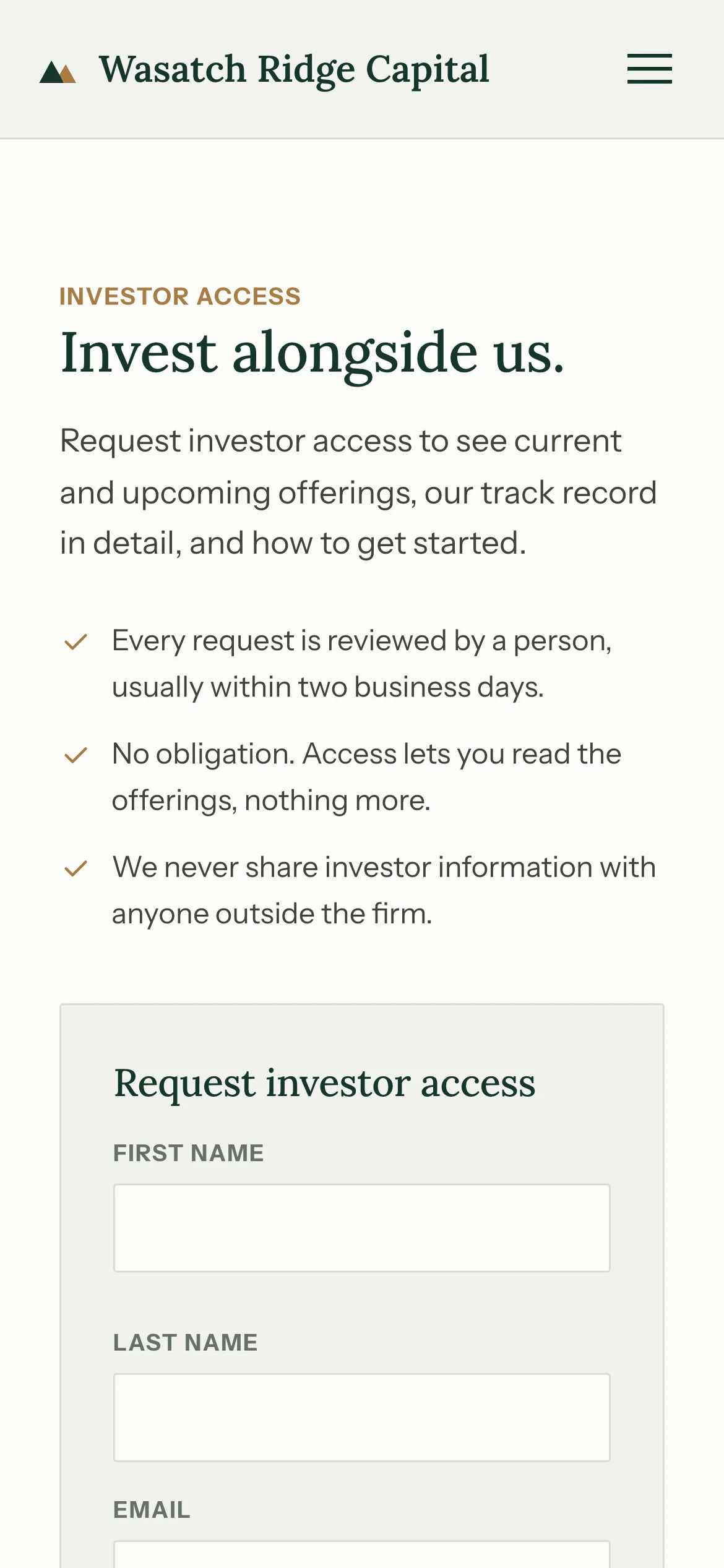 Wasatch Ridge on a phone: the heading "Invest alongside us.", three reassurances, and the start of the access form.