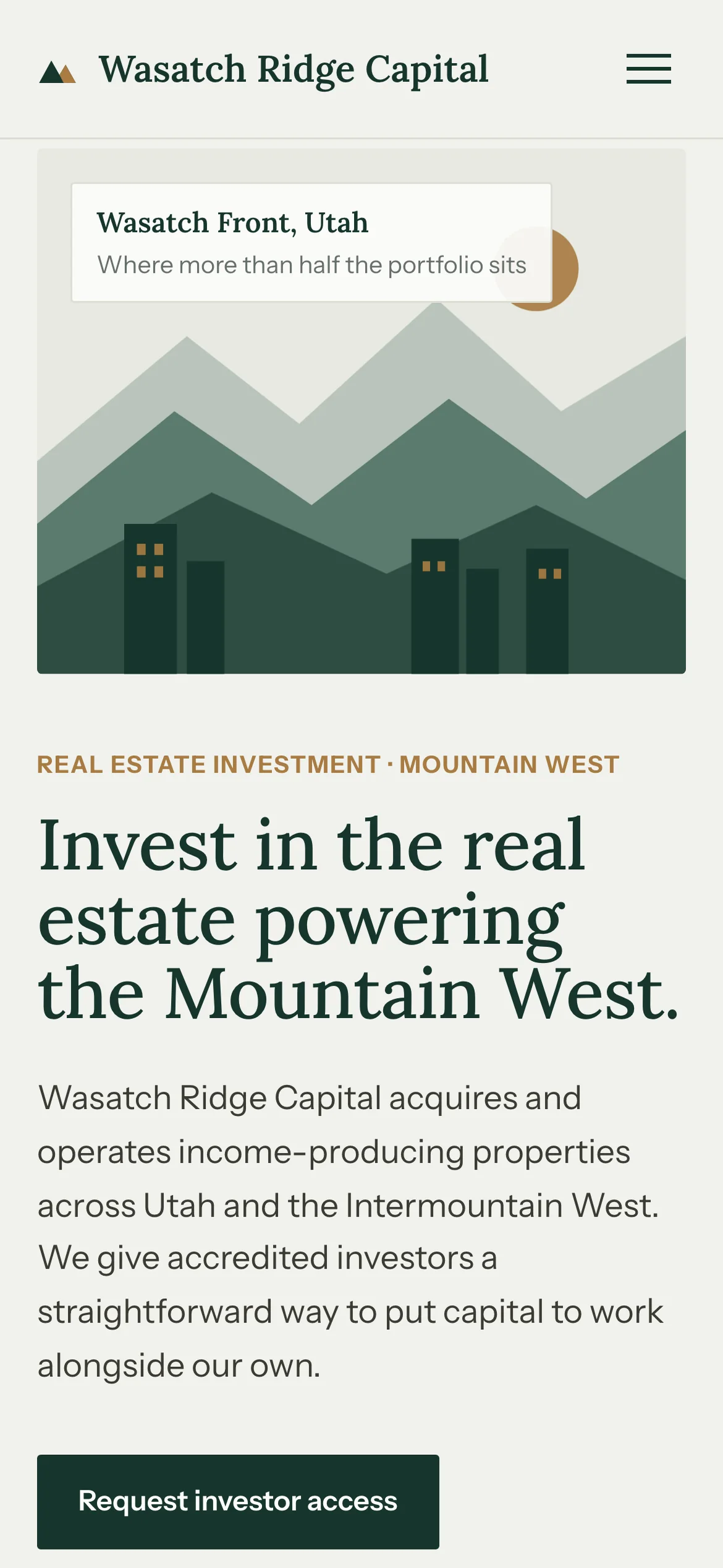 Wasatch Ridge on a phone: the drawn illustration above the headline, the description and a full-width Request investor access button.