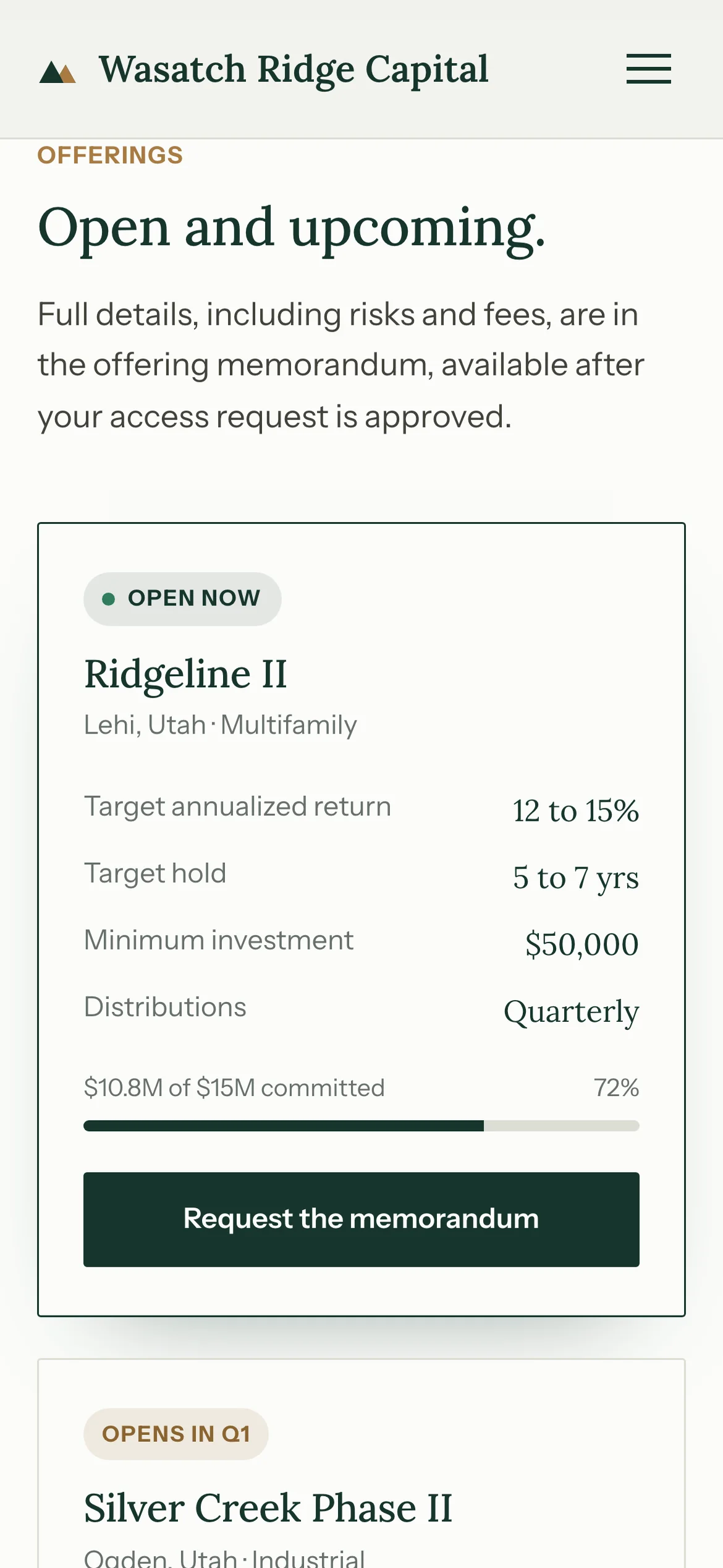 Wasatch Ridge on a phone: the Ridgeline II offering card with its status, target return, hold, minimum, distributions, a progress bar and a button.