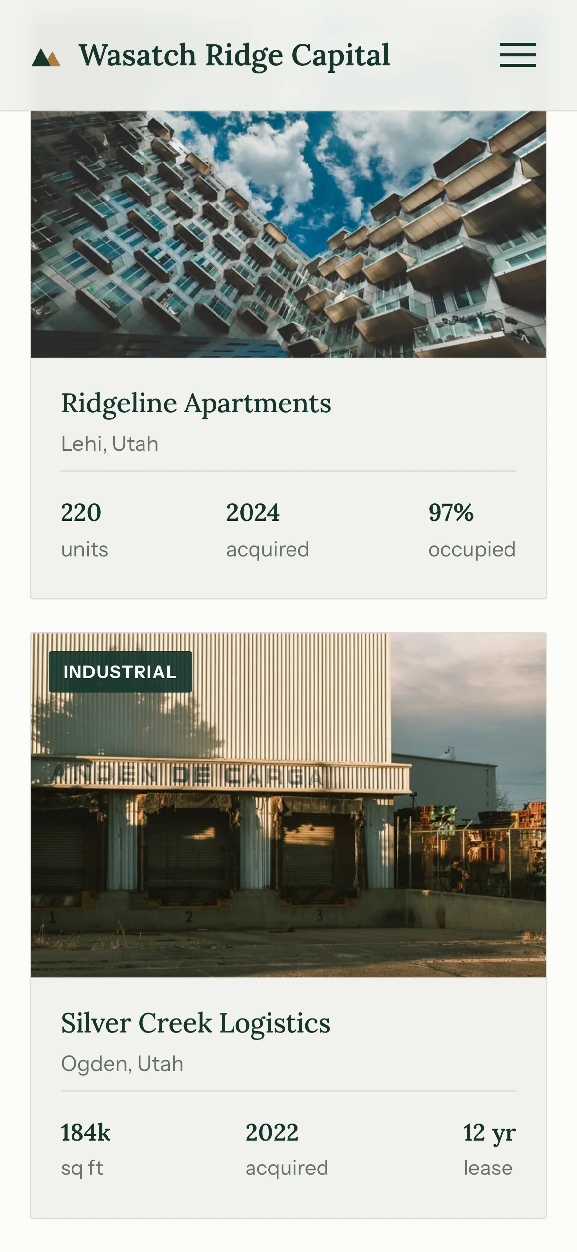Wasatch Ridge on a phone: property cards stacked one per screen, each with a photograph and three figures in a row.