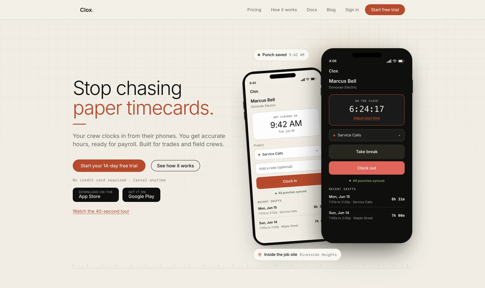 getclox.com hero: "Stop chasing paper timecards", a trial button, app store badges and two phones, one ready to clock in and one on the clock.