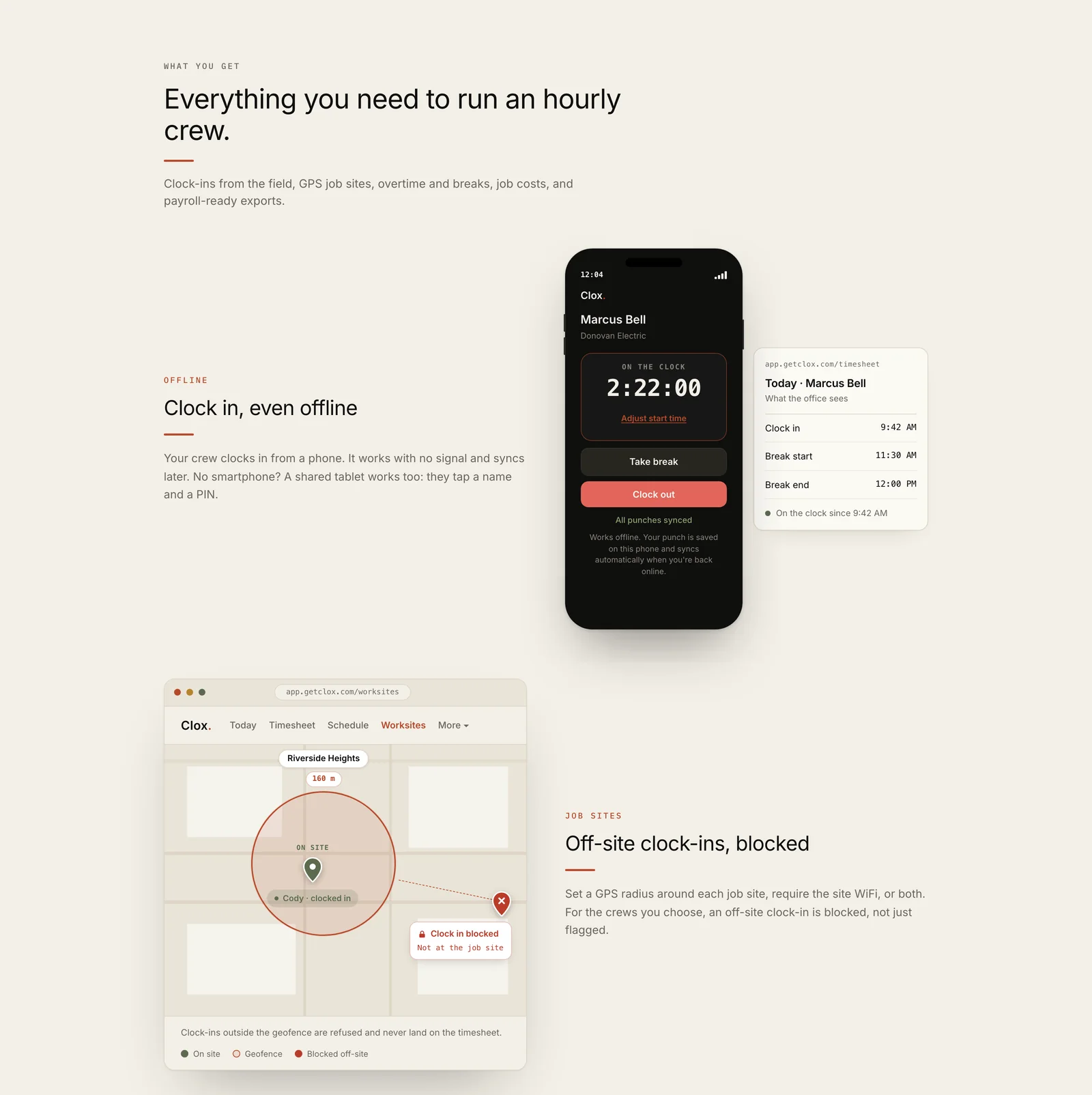 The features section under the heading "Everything you need to run an hourly crew": a row for clocking in offline, with the phone and what the office sees, and a row for blocked off-site clock-ins, with a map of a job site radius.