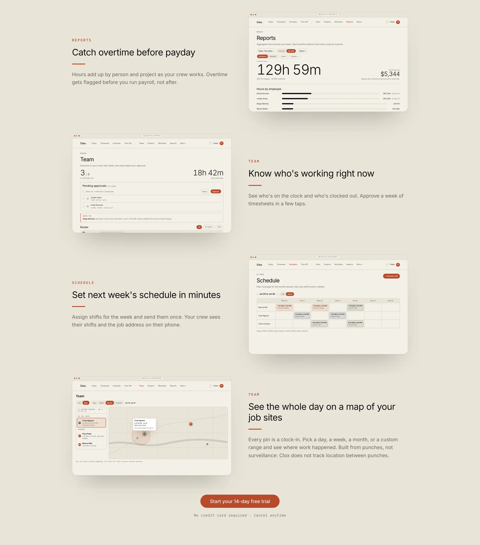 Four alternating rows of dashboard screens: reports, team, schedule and map.
