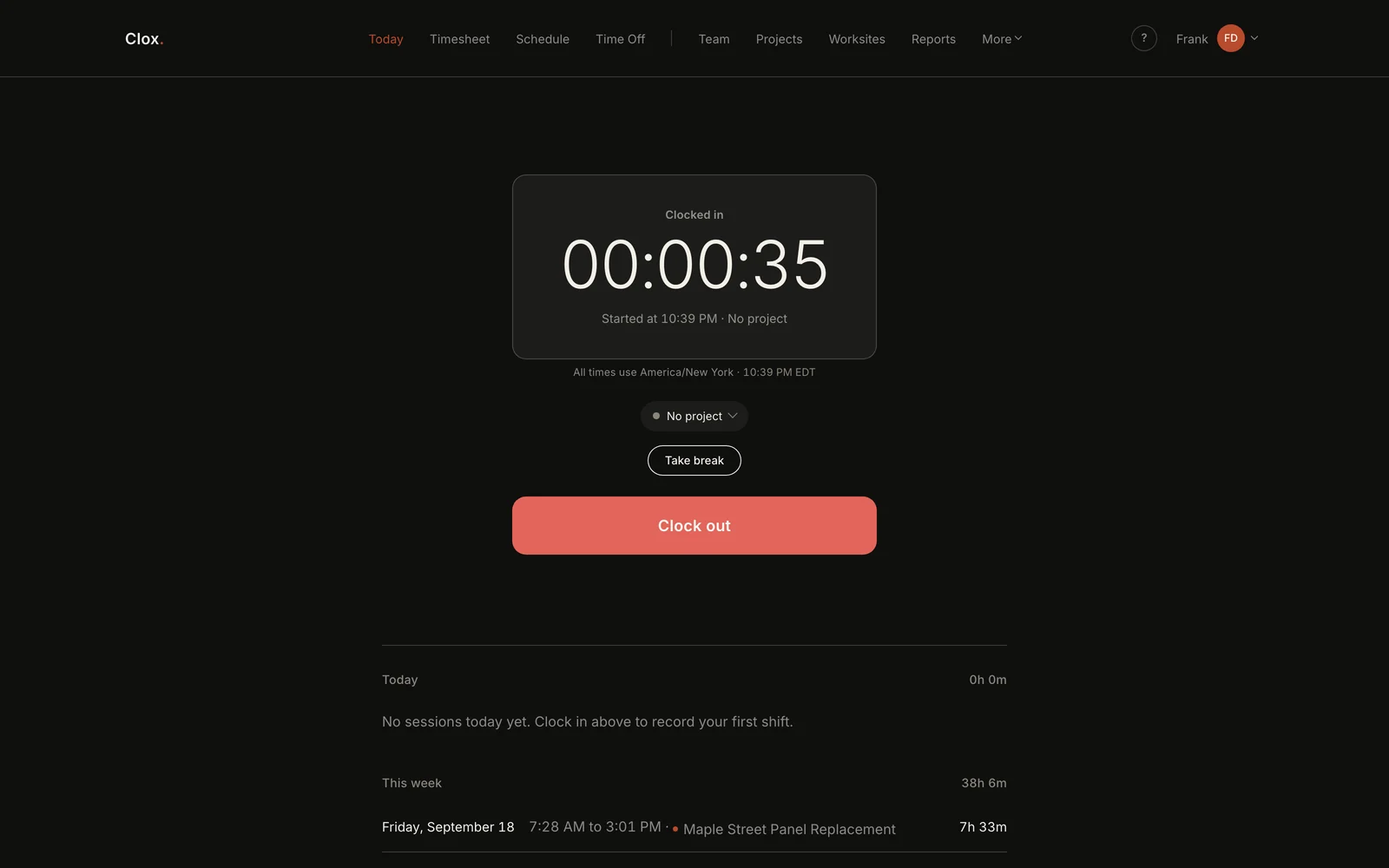 The Clox Today screen while clocked in: the same layout inverted to dark, a running timer and a coral Clock out button.