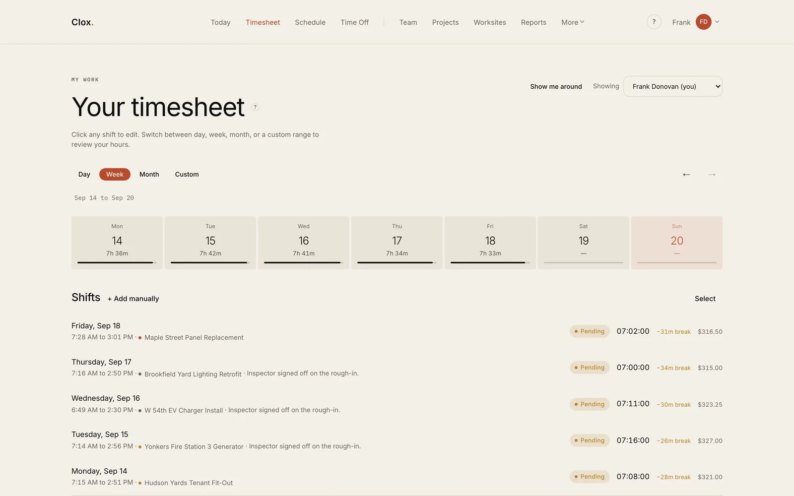 The Clox timesheet: a week of days with hours, and a list of shifts with projects, break deductions and pay.