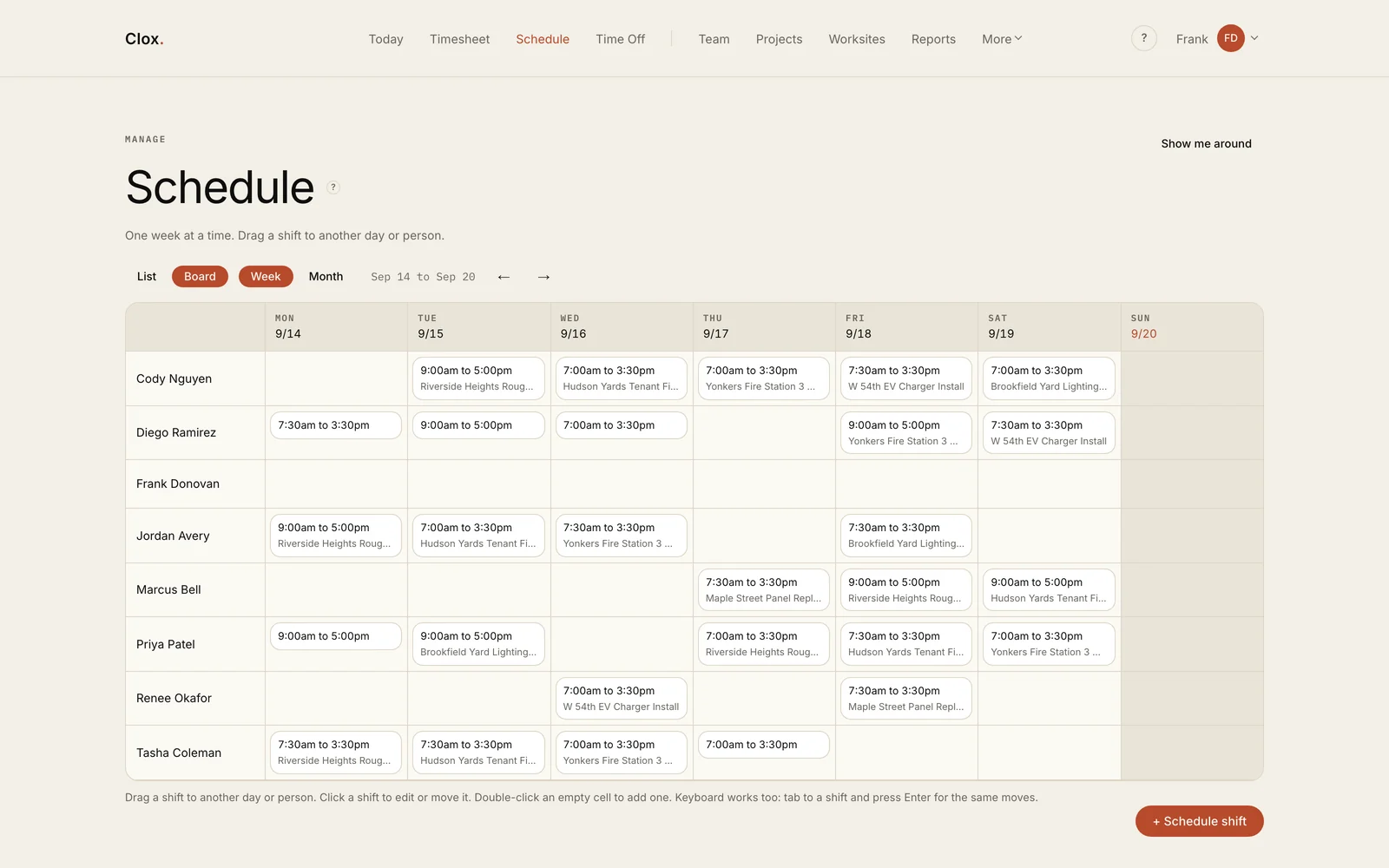 The Clox schedule board: eight employees down the side, seven days across the top, and shift chips showing times and project names.
