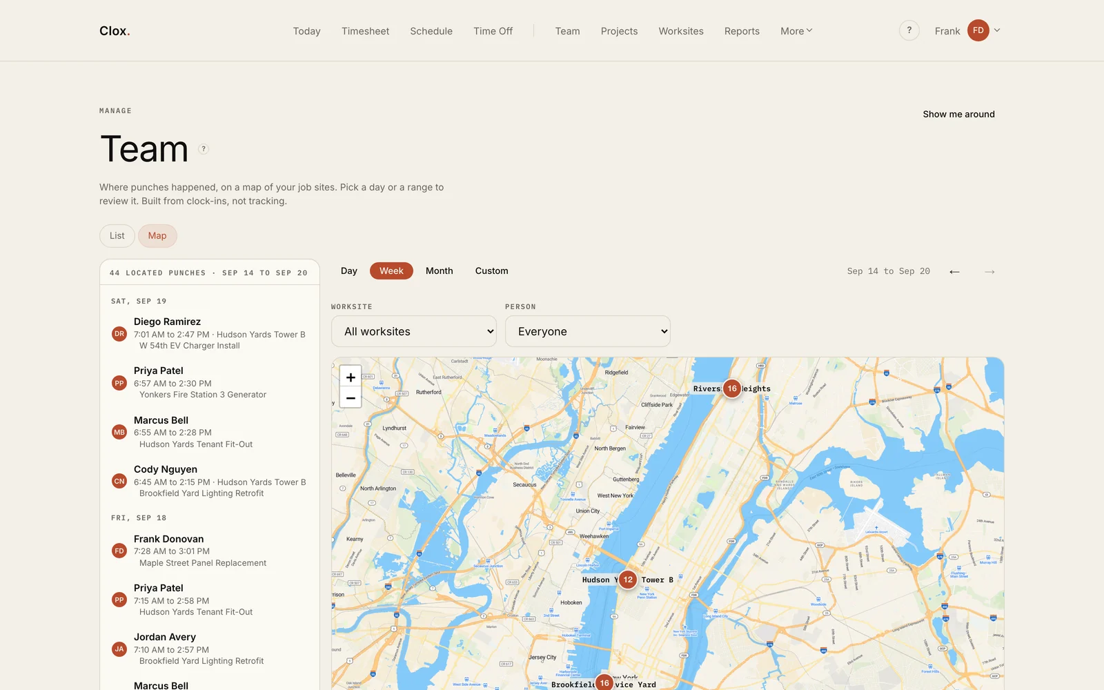 The Clox map view: 44 located punches for one week, a day-grouped list on the left and a map of New York with clustered markers.