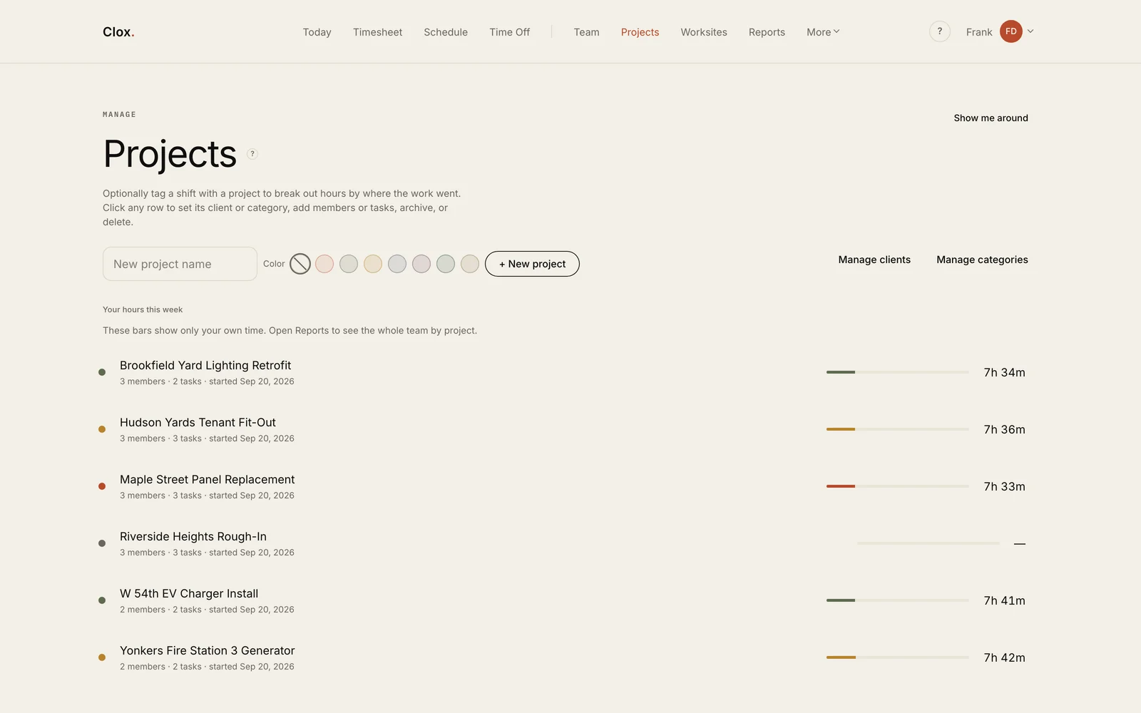 The Clox projects page: six jobs with member and task counts and a bar of hours against each.