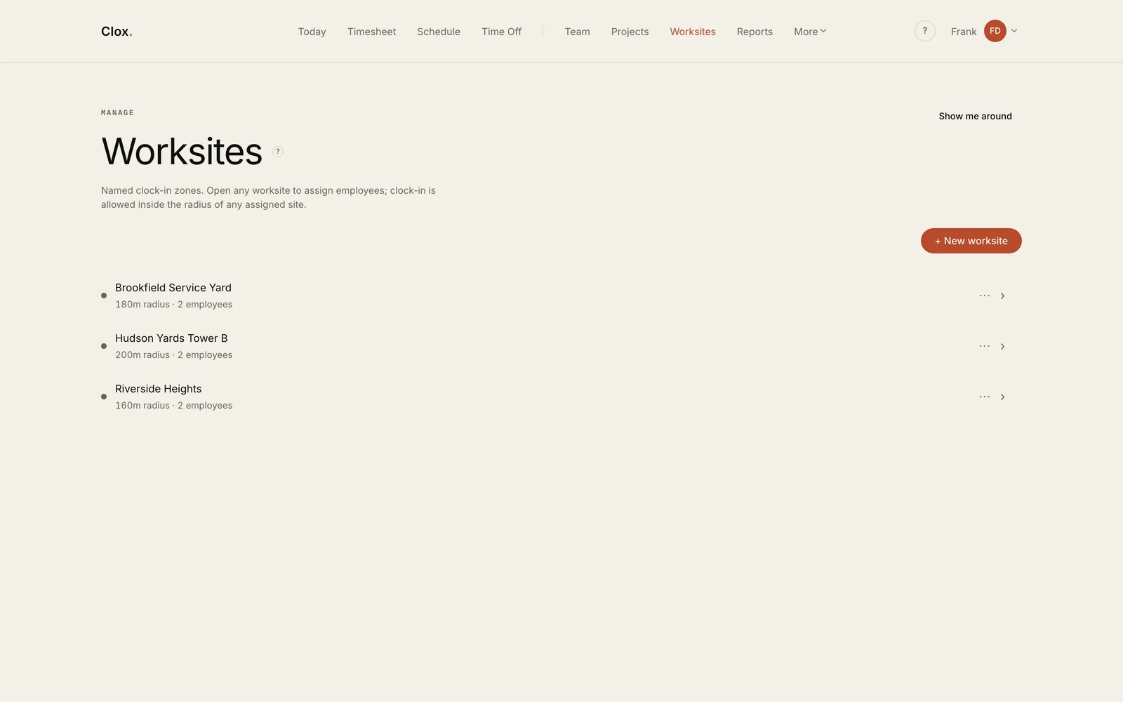 The Clox worksites page: three named sites with their radius and the number of employees assigned.