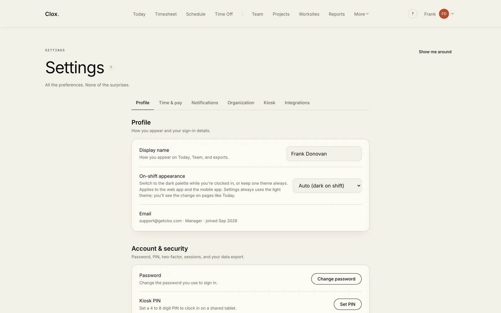 The Clox settings page: profile, time and pay, notifications, organization, kiosk and integrations tabs.