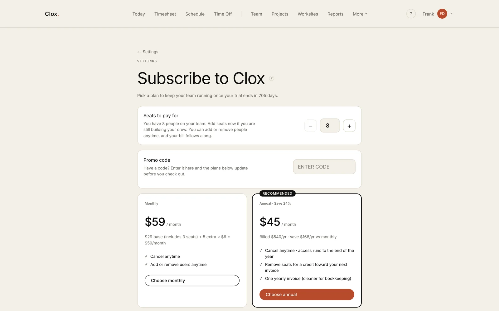 The Clox billing page: seats to pay for, a promo code field, and monthly and annual plan cards.