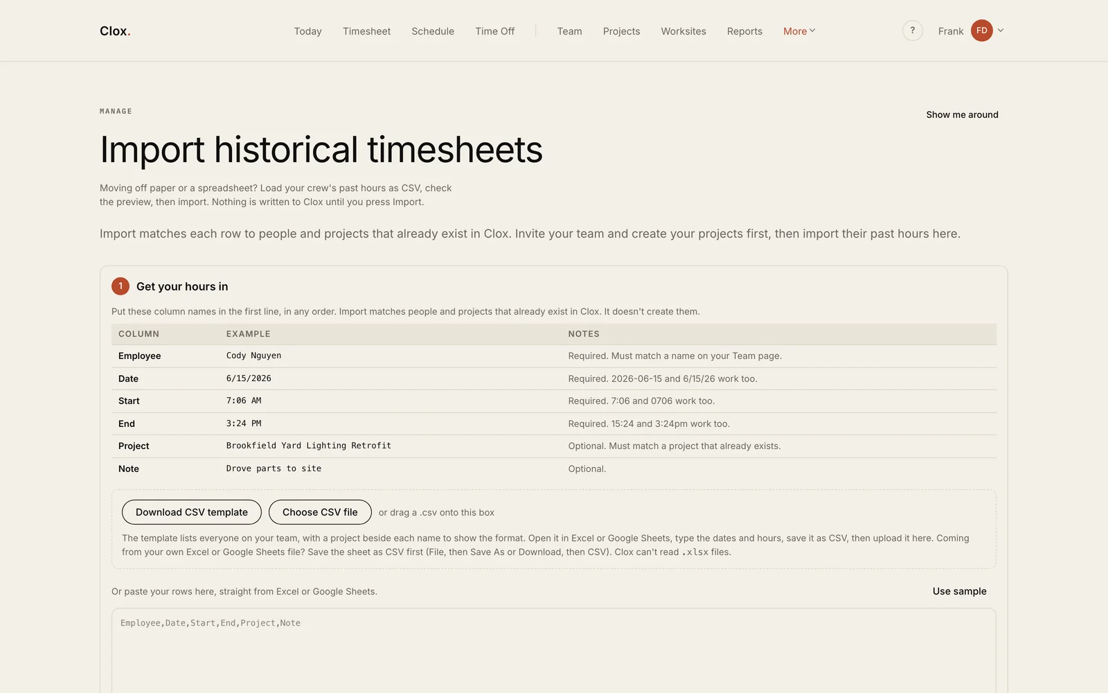 The Clox import page: a column specification table with example values, a CSV template download and a paste box.