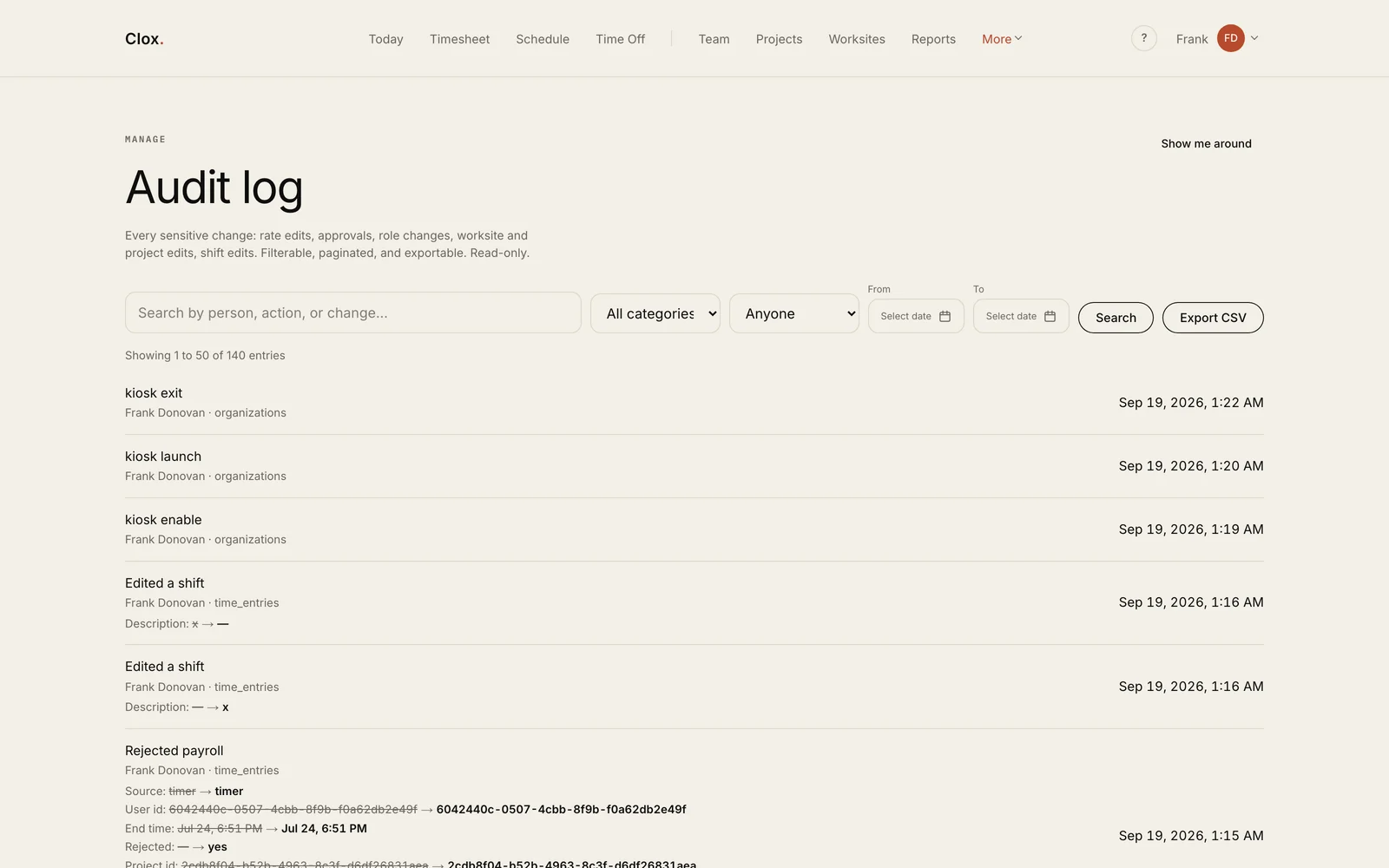 The Clox audit log: 140 entries with kiosk events and shift edits showing their before and after values.