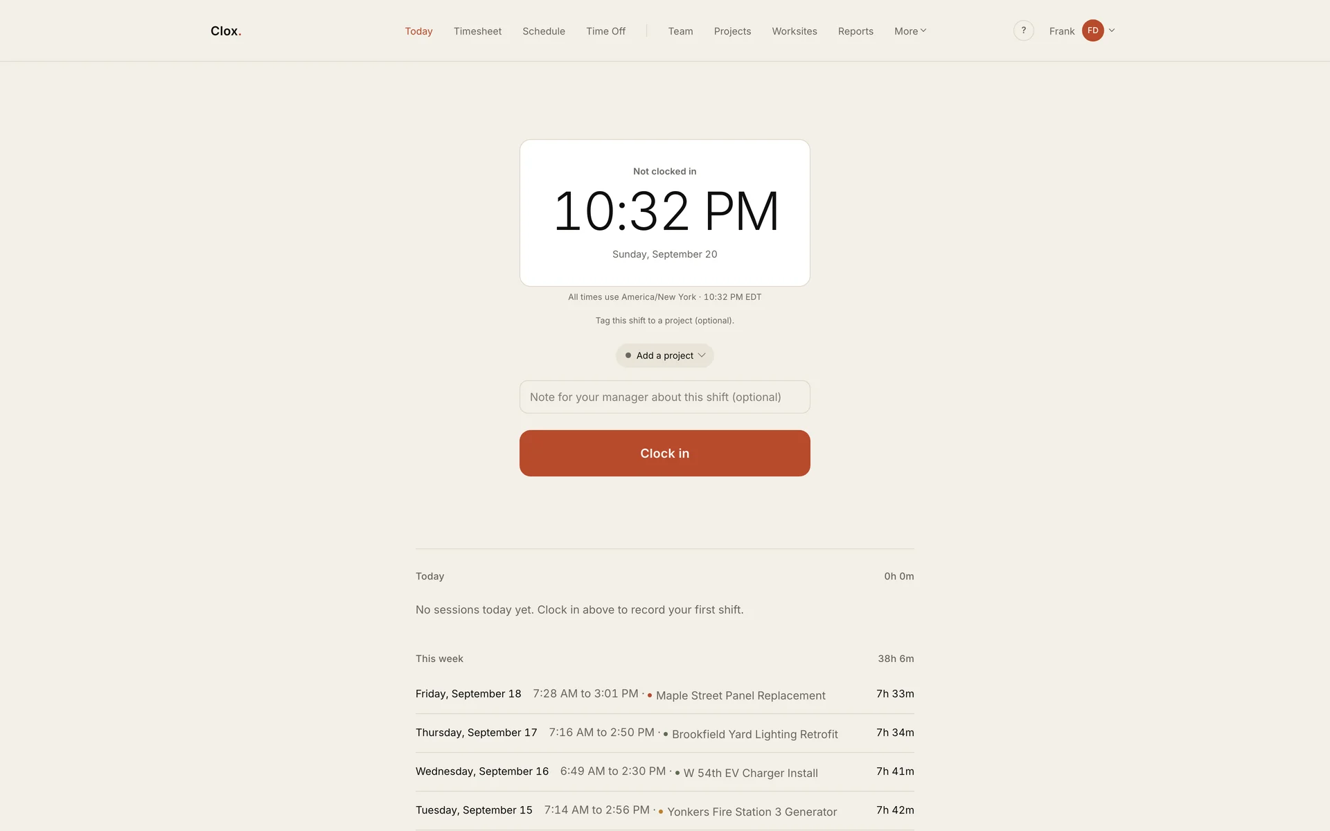 The Clox Today screen: the current time on a paper background, a project field, a note field and a large Clock in button.