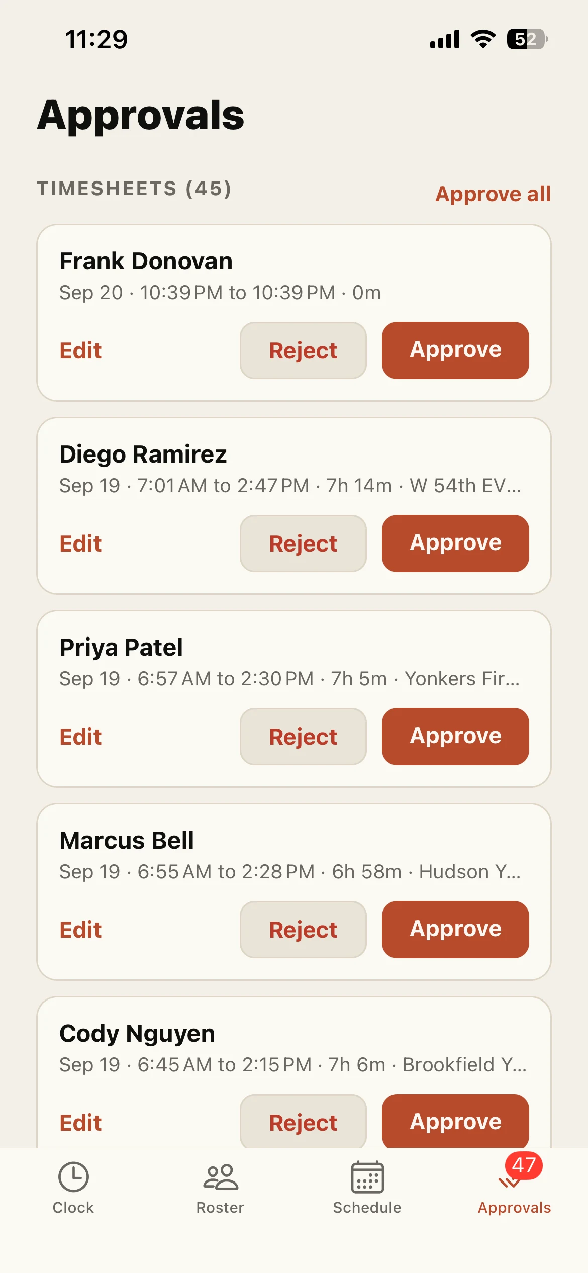 The Clox app approvals screen listing 45 timesheets, each with edit, reject and approve.