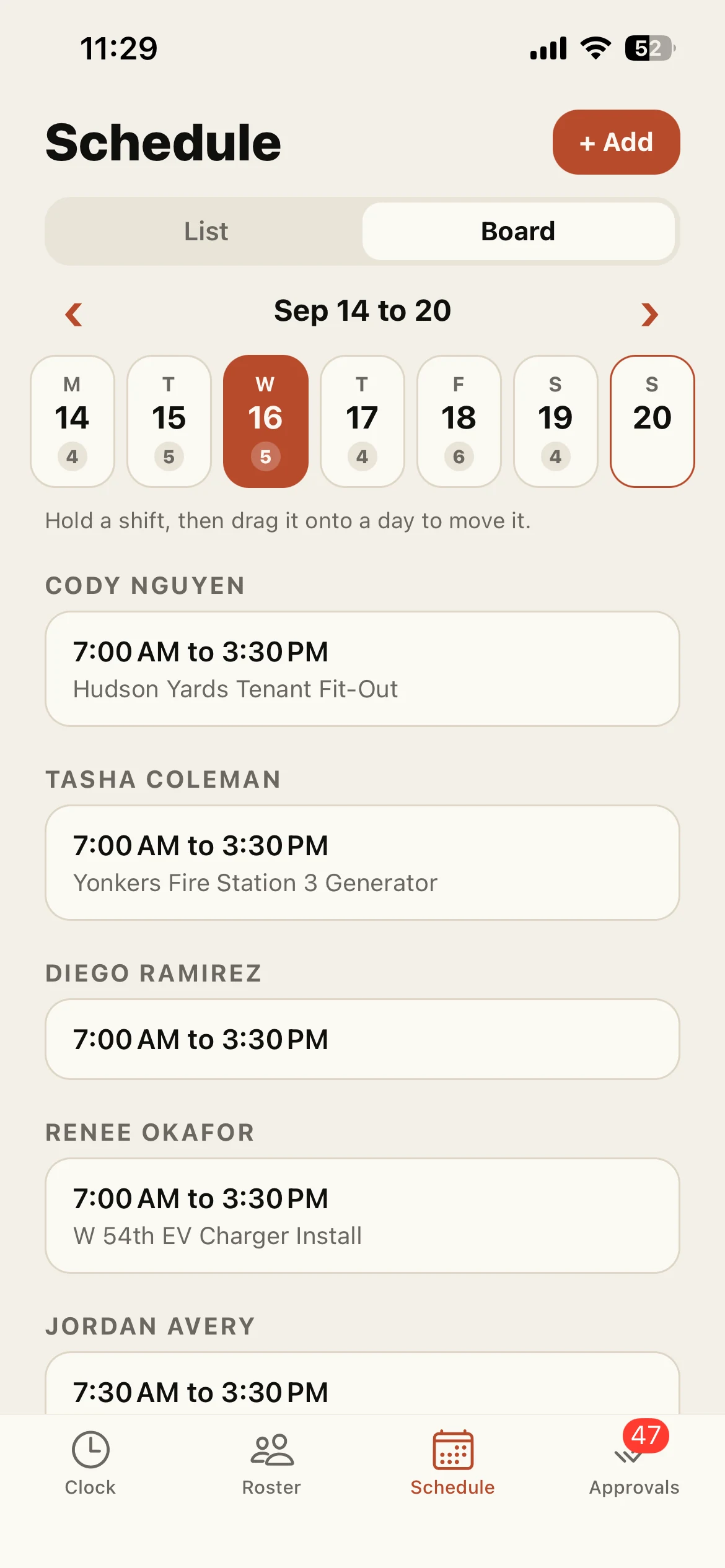 The Clox app schedule board on a phone, with the instruction to hold a shift then drag it onto a day to move it.