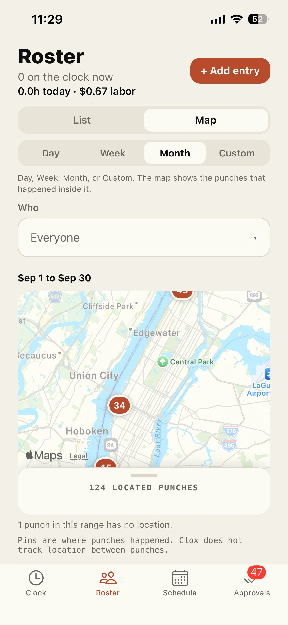 The Clox app map of punches for a month, showing 124 located punches over New York.