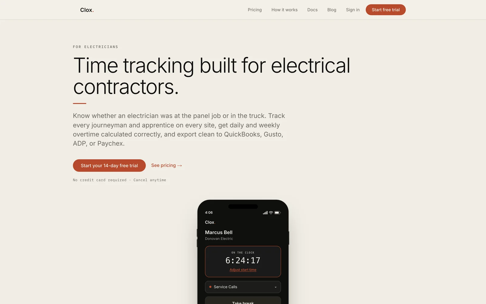 The electricians page: "Time tracking built for electrical contractors".