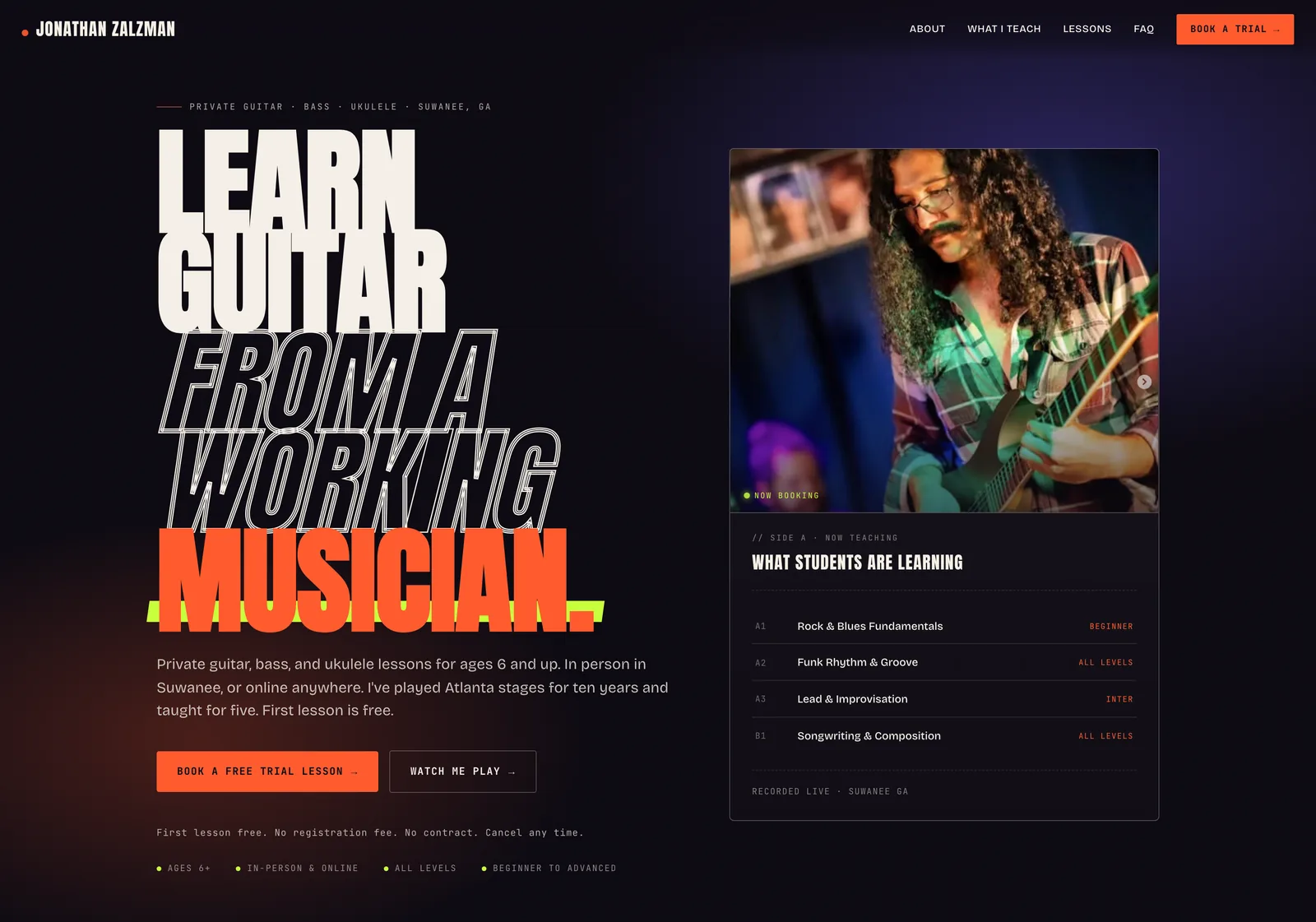Dark hero with the headline "Learn guitar from a working musician", a photo of Jonathan on stage and a card titled "What students are learning".