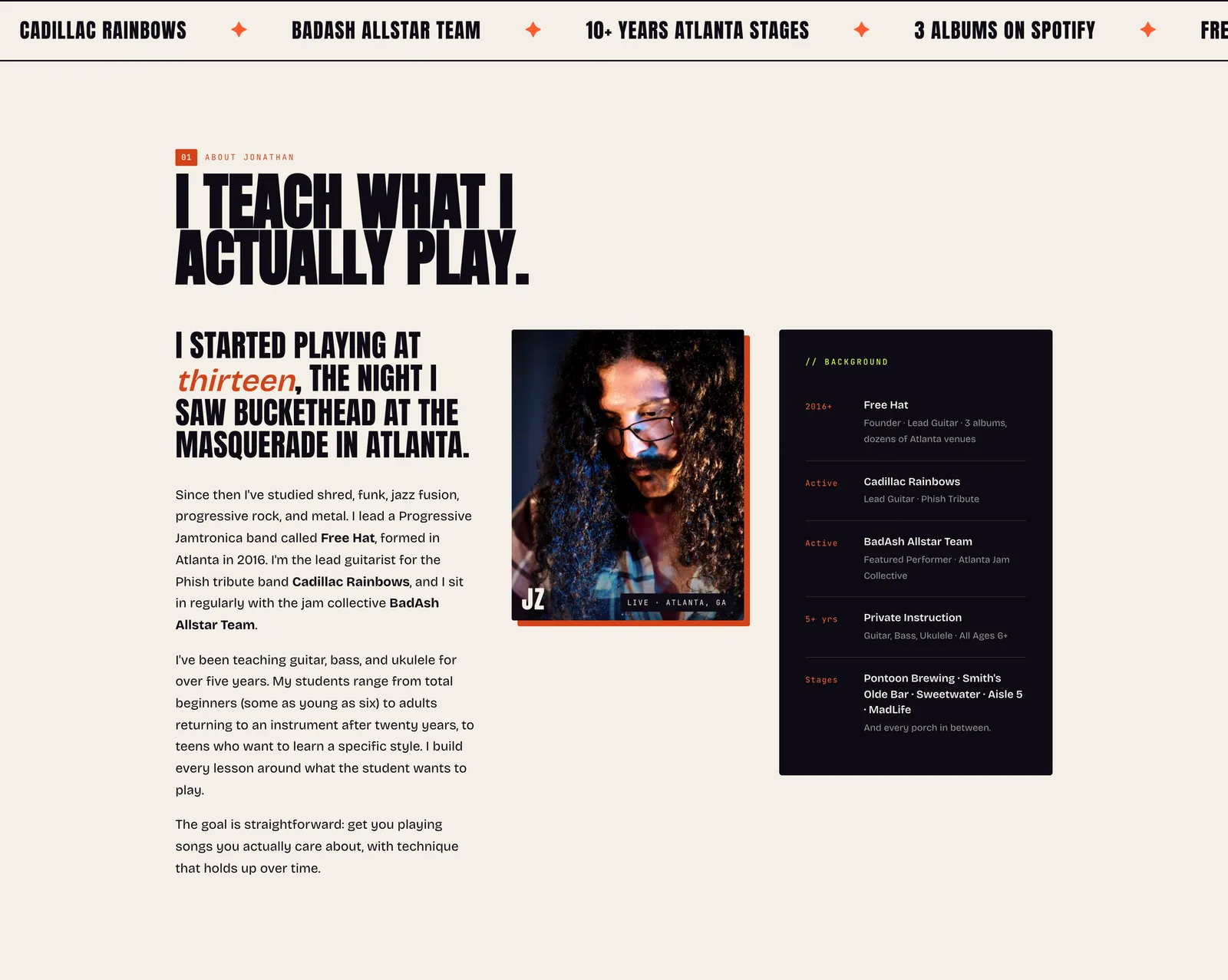 A scrolling strip of credentials above a cream section titled "I teach what I actually play" with a bio, a photo and a background card.
