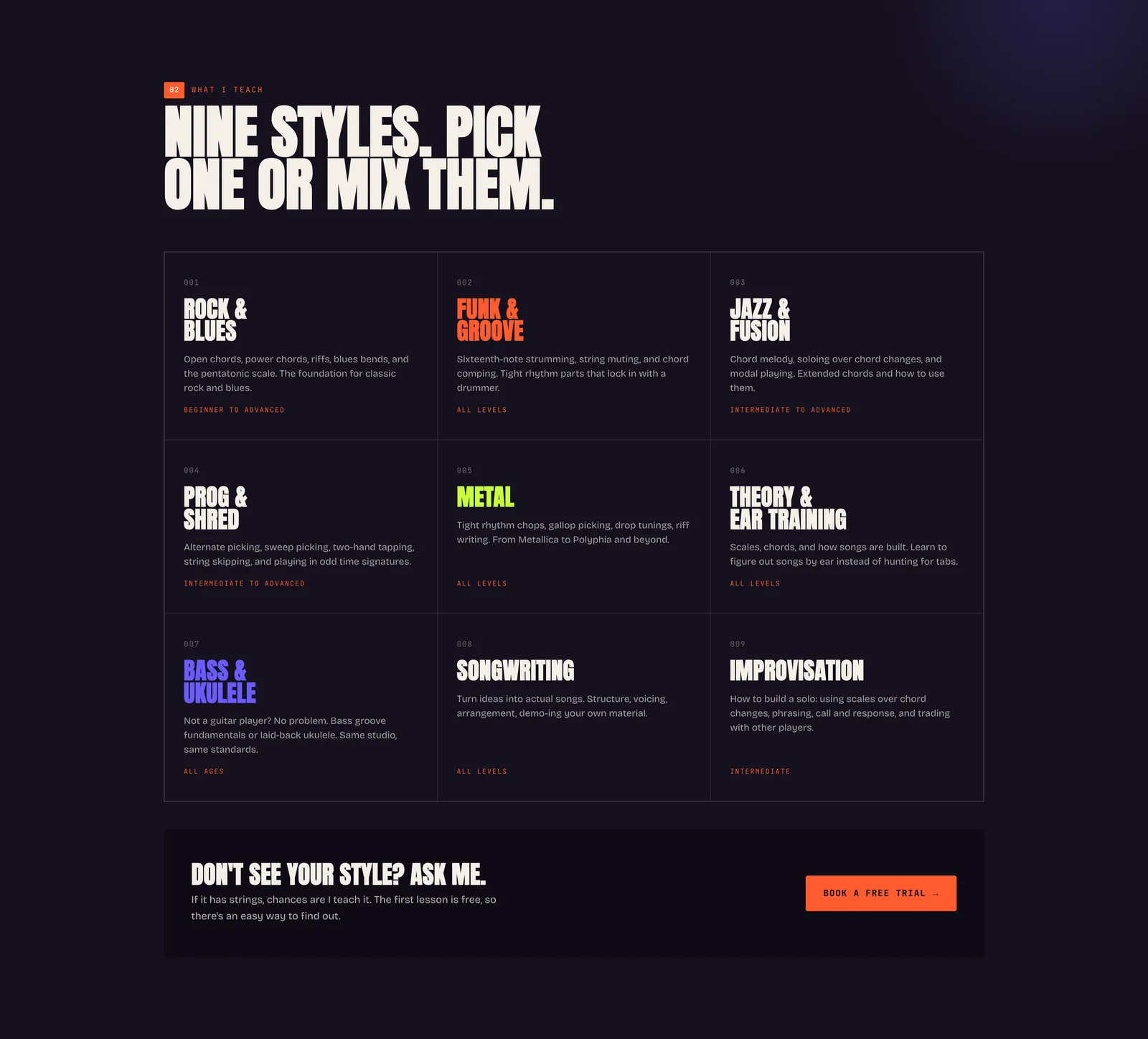 A grid of nine teaching styles in colored condensed type, and a bar reading "Don't see your style? Ask me."