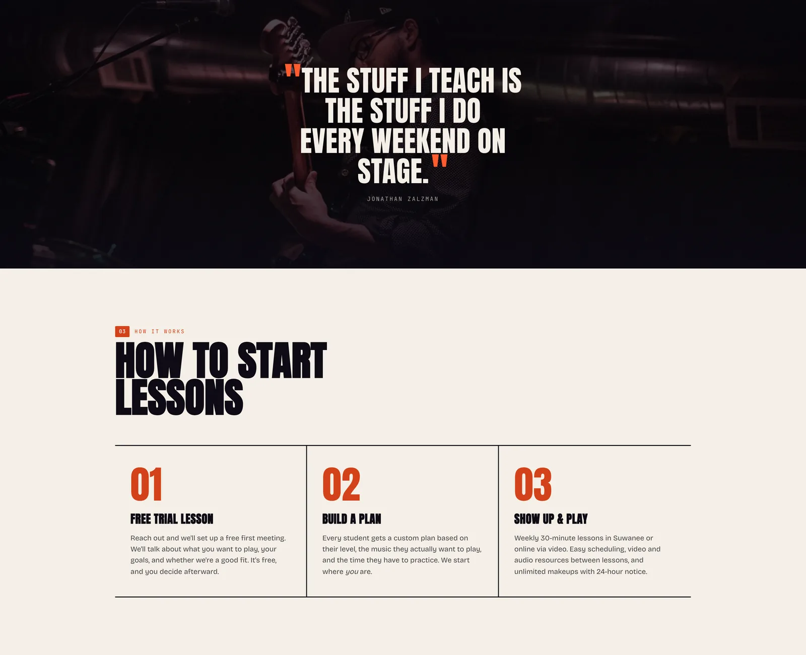 A photo band with the quote "The stuff I teach is the stuff I do every weekend on stage" above a three-step "How to start lessons" section.