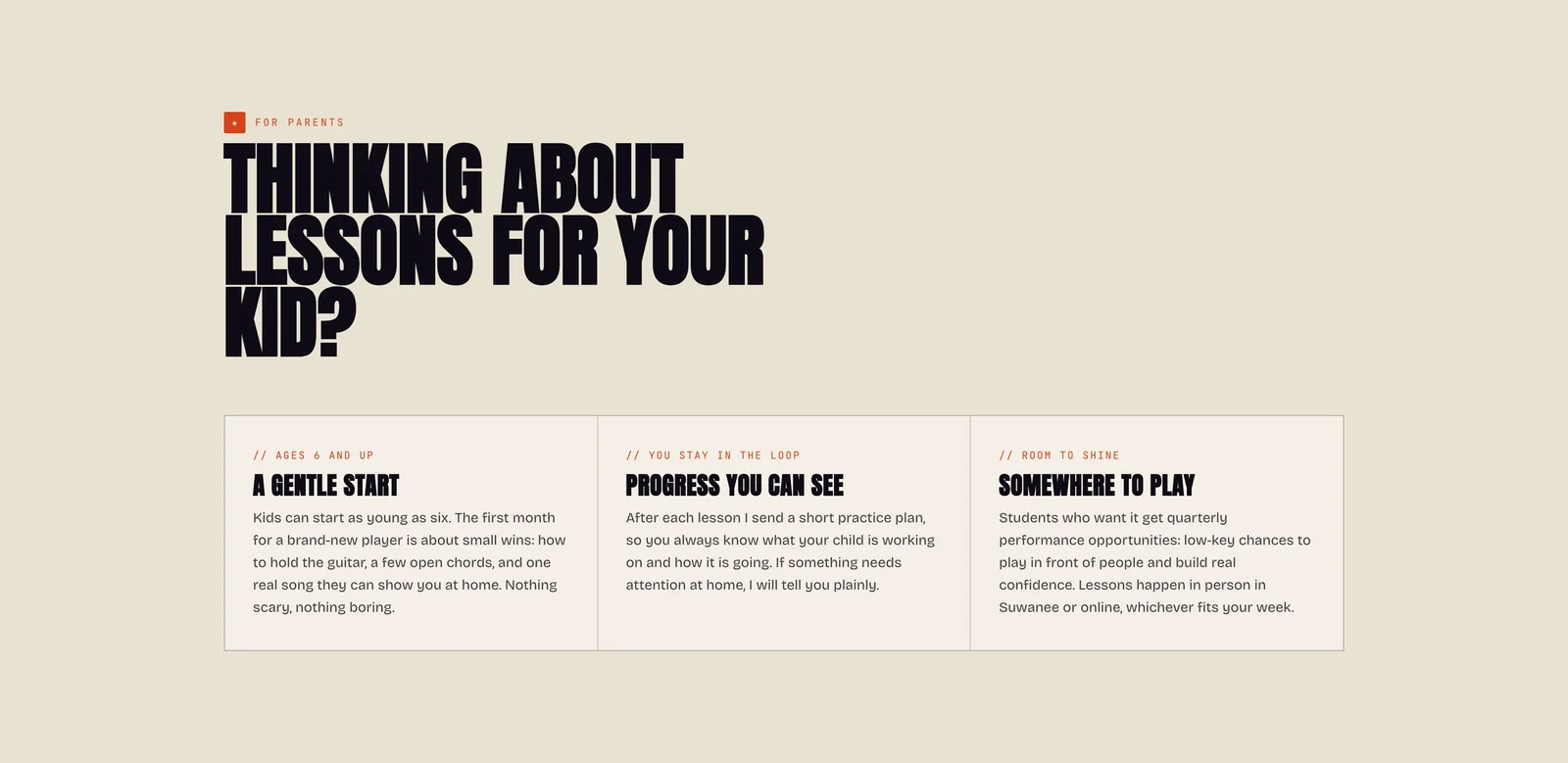 A cream section titled "Thinking about lessons for your kid?" with three short cards.