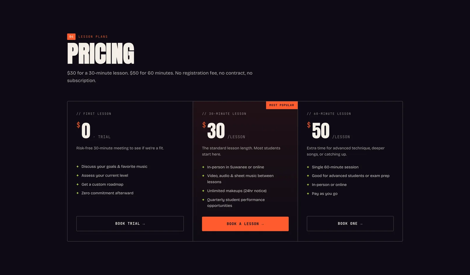 Three pricing cards: $0 trial lesson, $30 for 30 minutes, $50 for 60 minutes, each with a Book button.