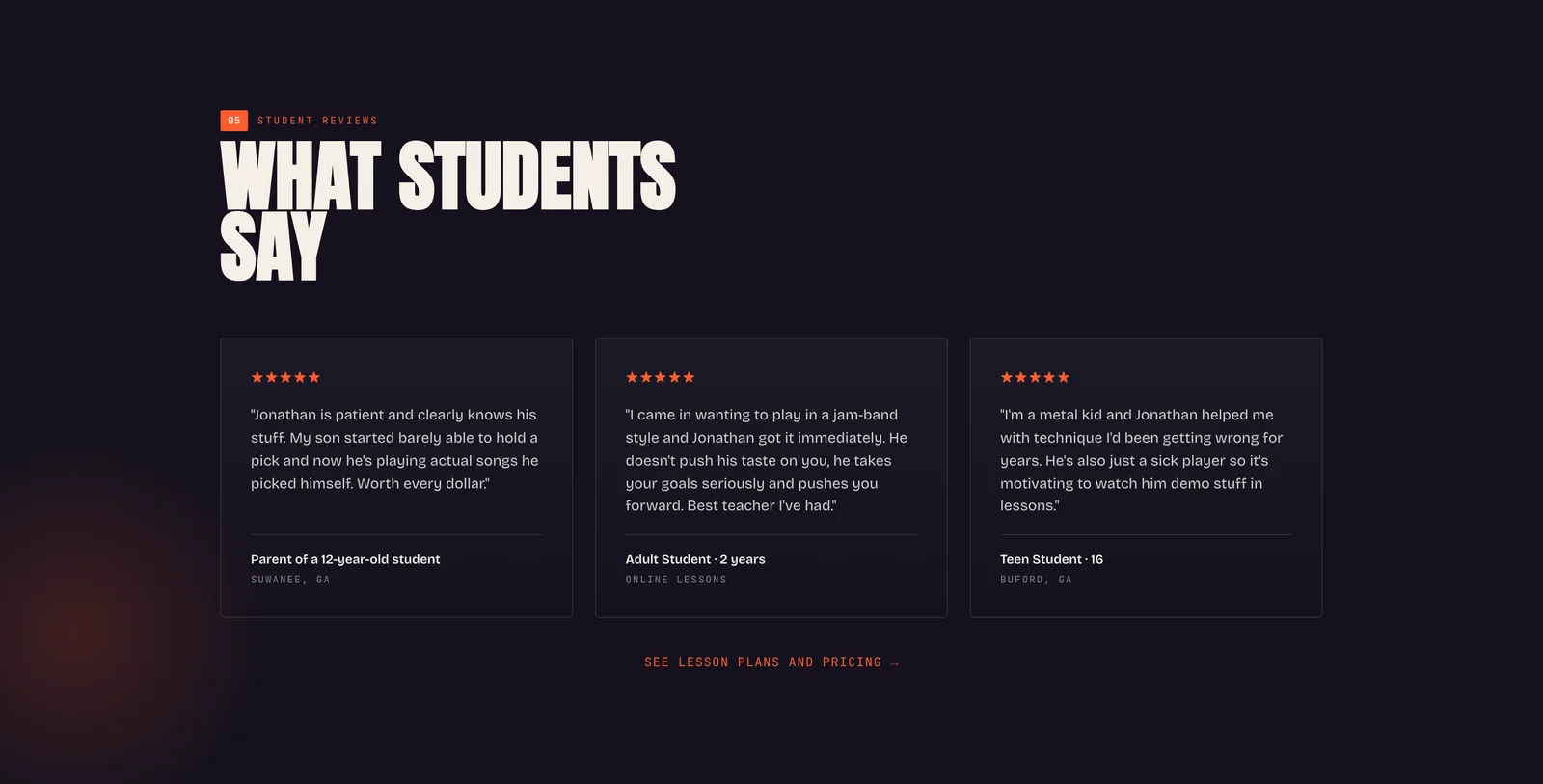 Three review cards with five stars under the heading "What students say".