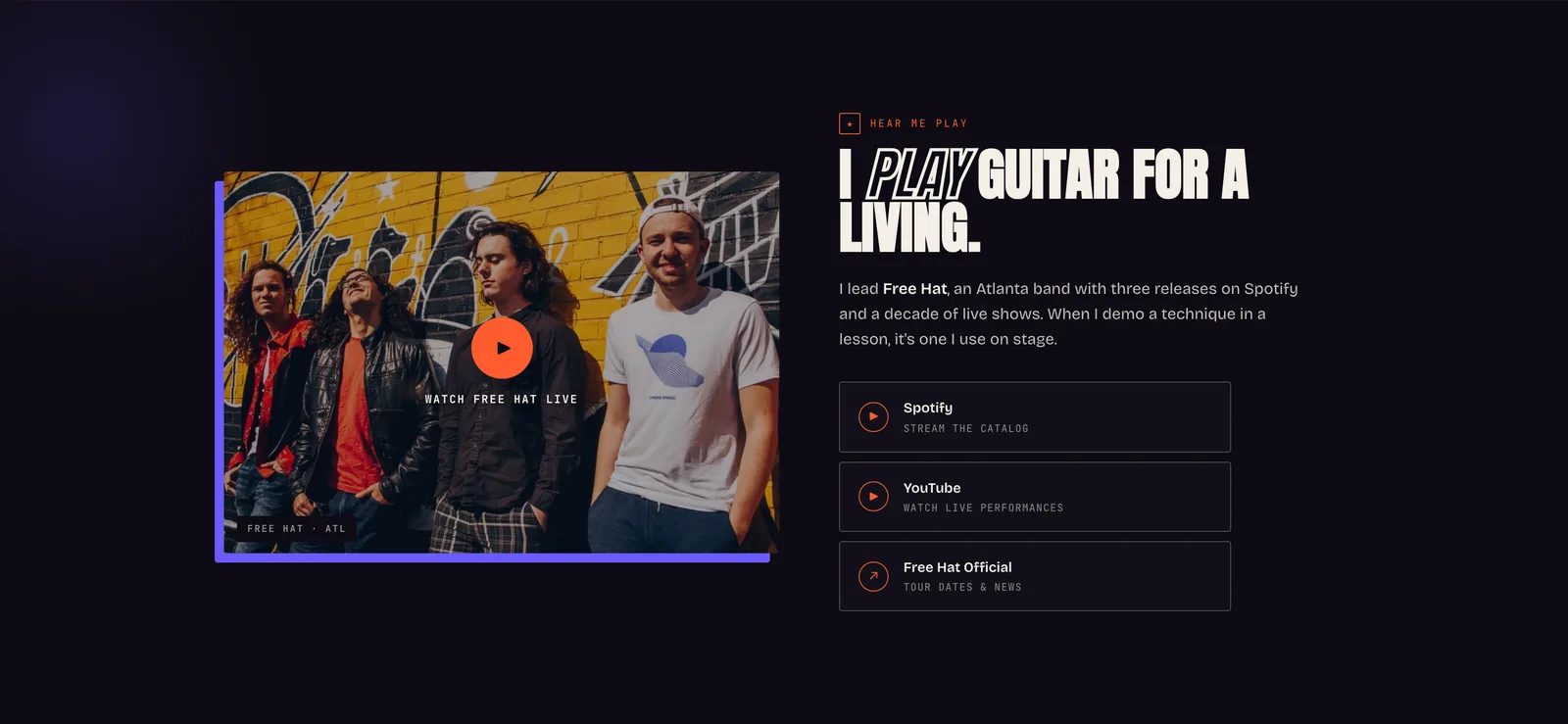 The section "I play guitar for a living" with a band photo and links to Spotify, YouTube and Free Hat.