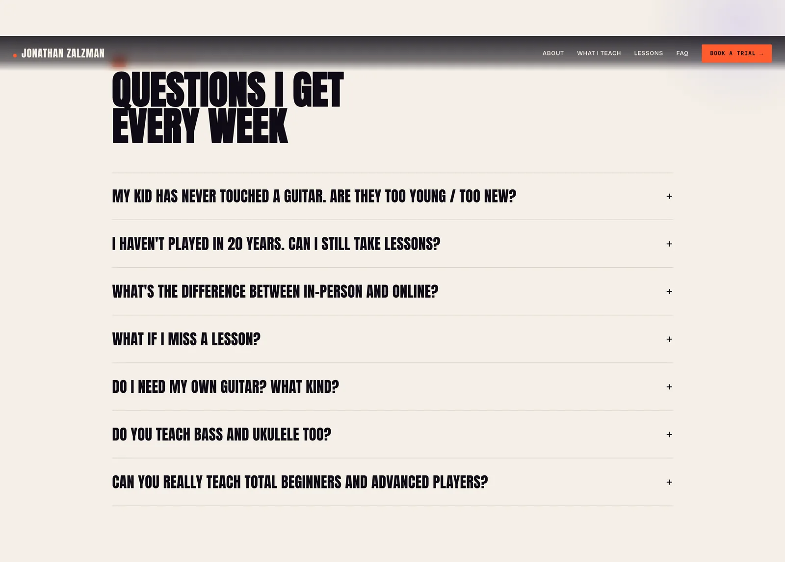 An accordion of seven common questions under the heading "Questions I get every week".