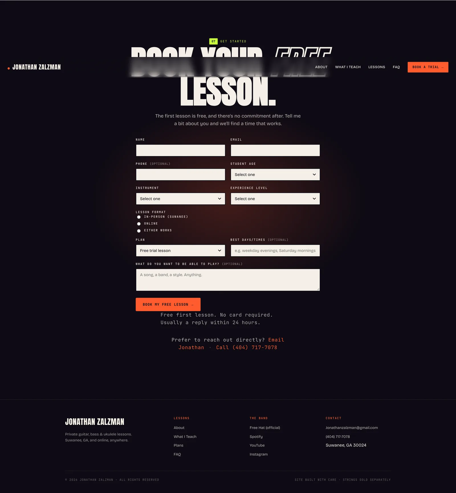 The booking form under the heading "Book your free lesson", followed by the footer.