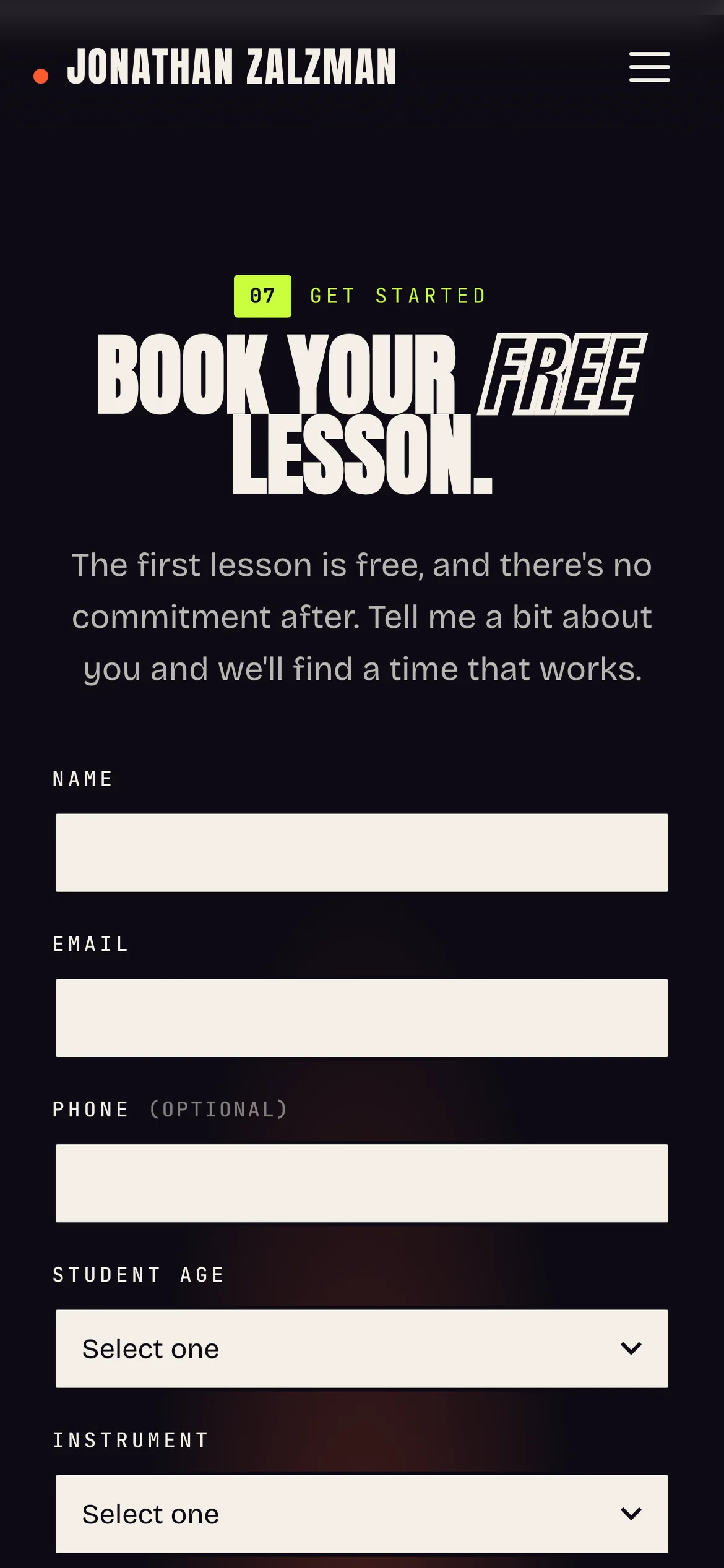 The booking form on a phone with the fields stacked one per line.