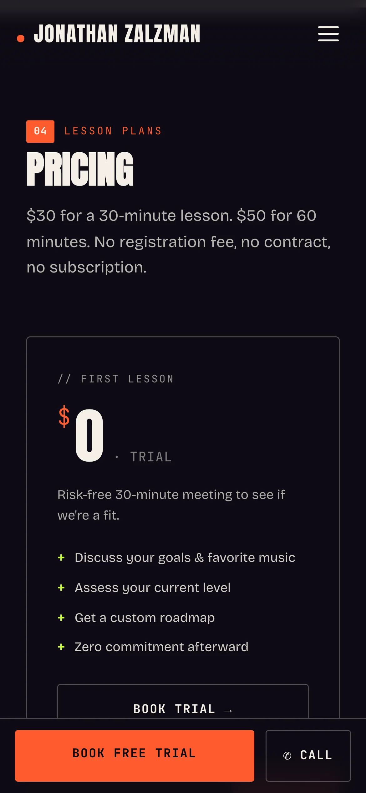 The pricing section on a phone, starting with the free first lesson card.