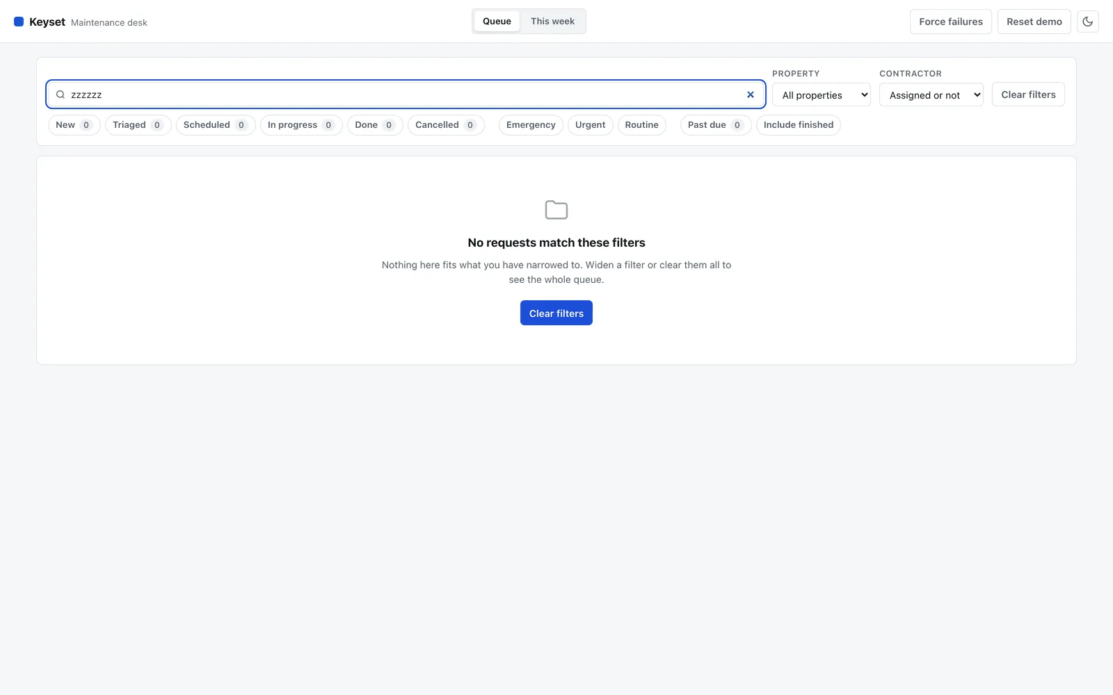An empty state reading "No requests match these filters" with a Clear filters button.