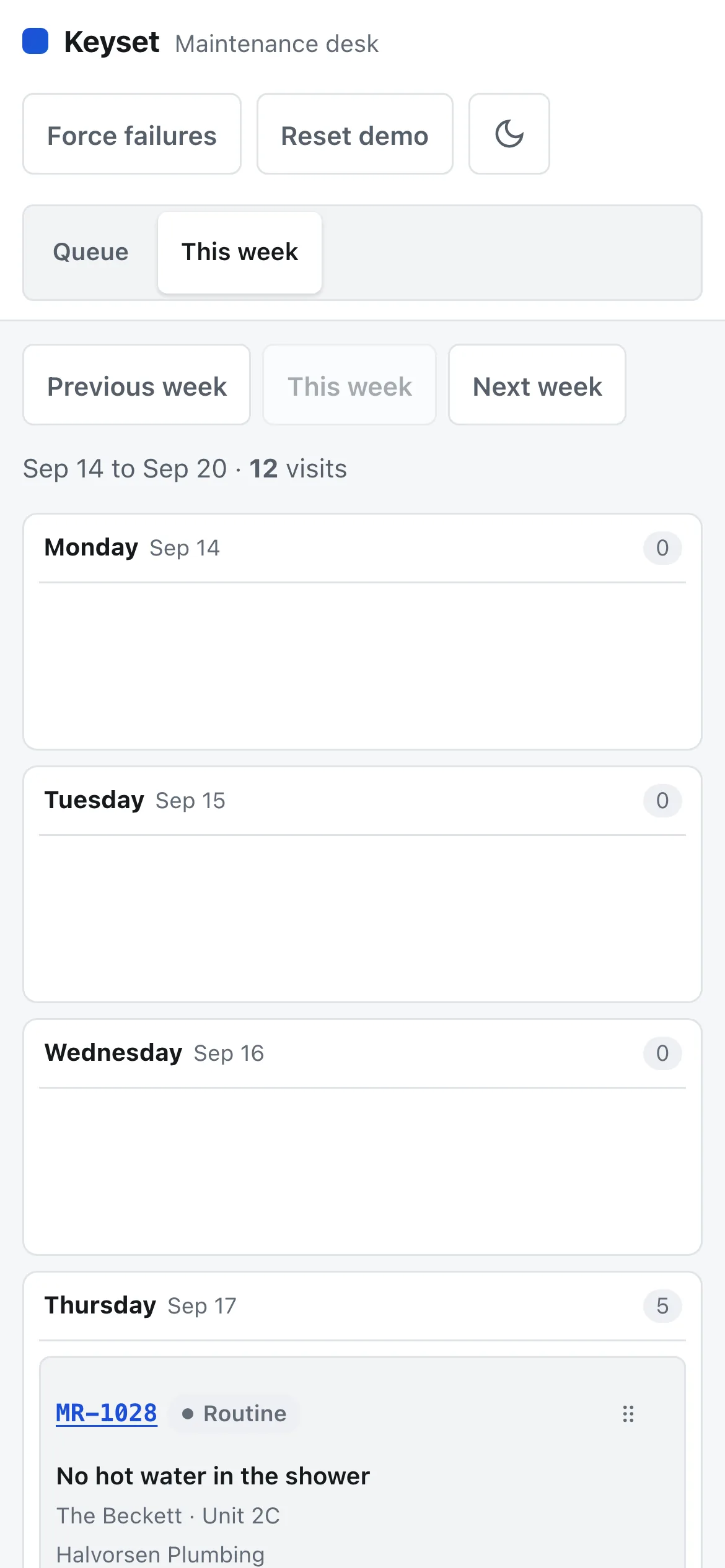 The Keyset week board on a phone, with one day per row.