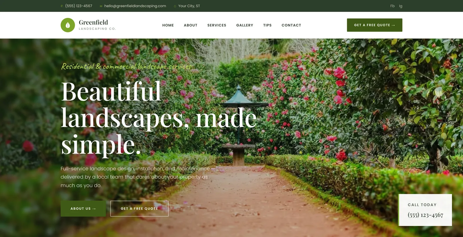 Template 1 hero: a garden path photo, the headline "Beautiful landscapes, made simple", About us and Get a free quote buttons and a Call today box.