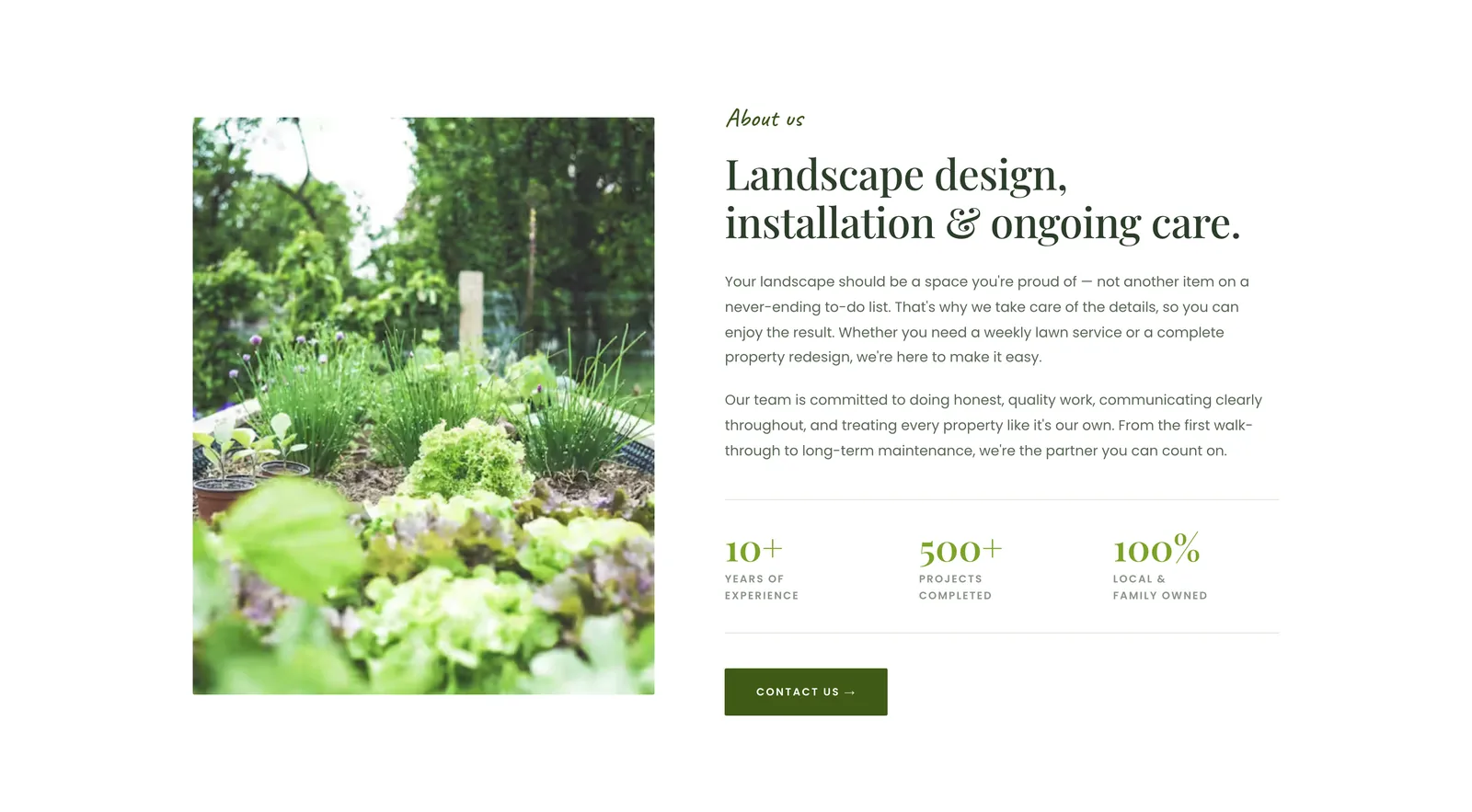 An about section with a garden photo, two paragraphs and the numbers 10+ years, 500+ projects and 100% client rating.