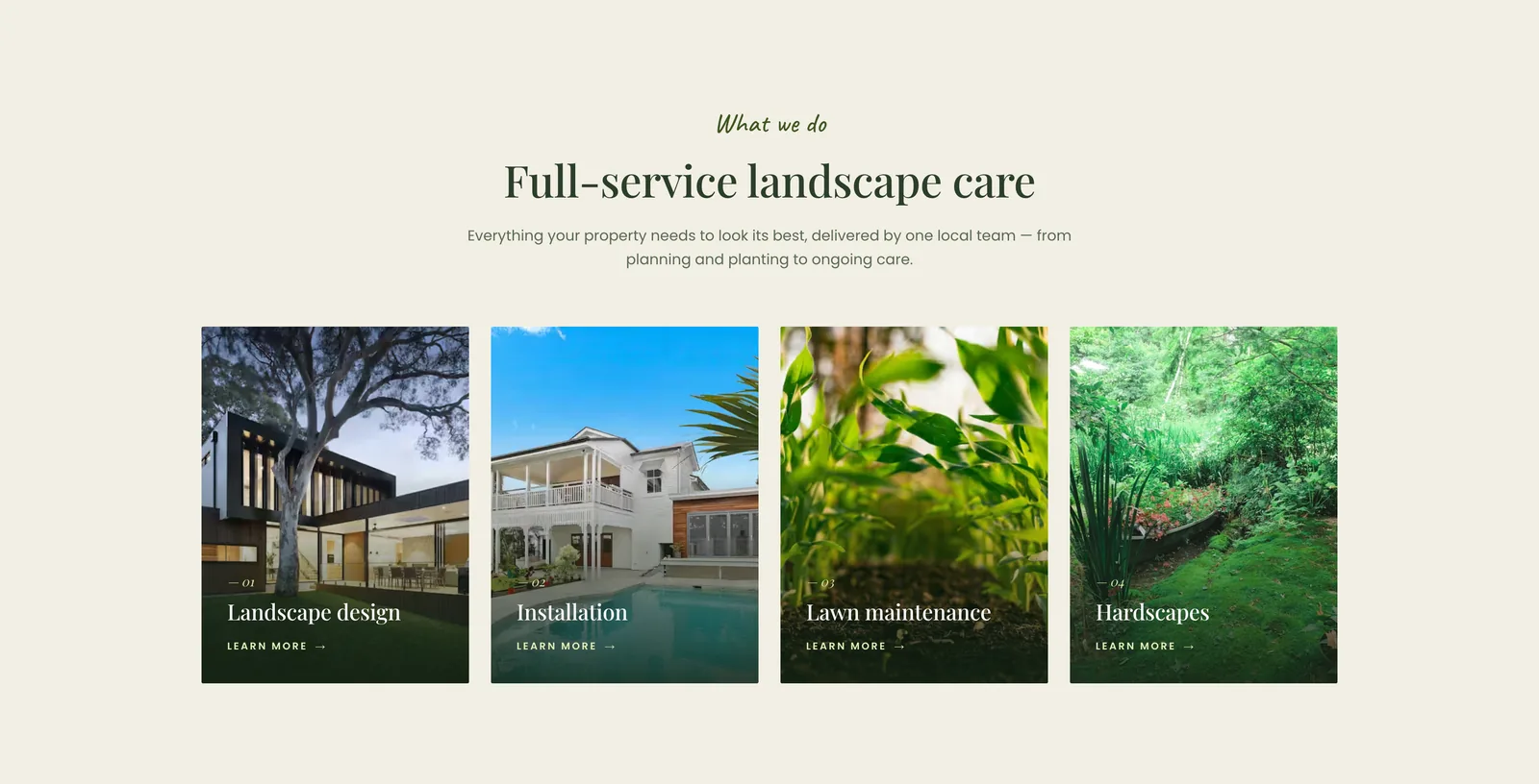 Four service cards with photos: landscape design, installation, lawn maintenance, hardscapes.