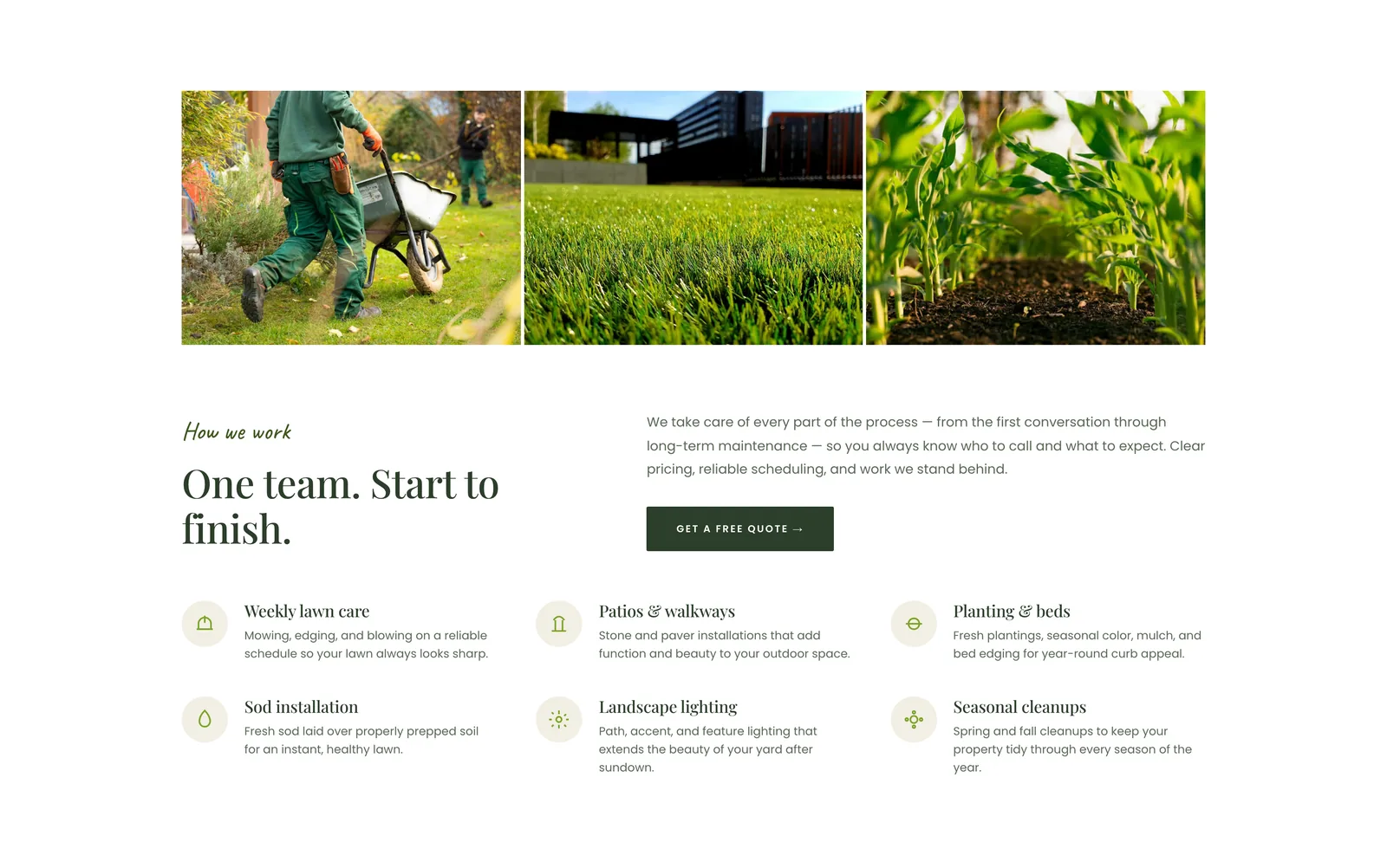 Three landscaping photos above a list of six services with icons under the heading "One team. Start to finish."