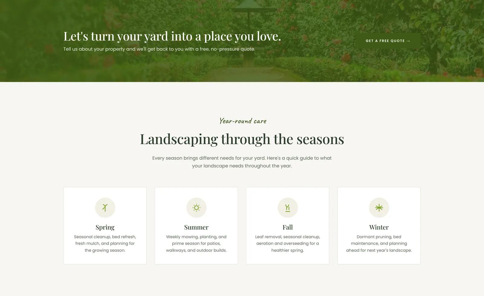 A green banner reading "Let's turn your yard into a place you love" above four seasonal cards: spring, summer, fall, winter.