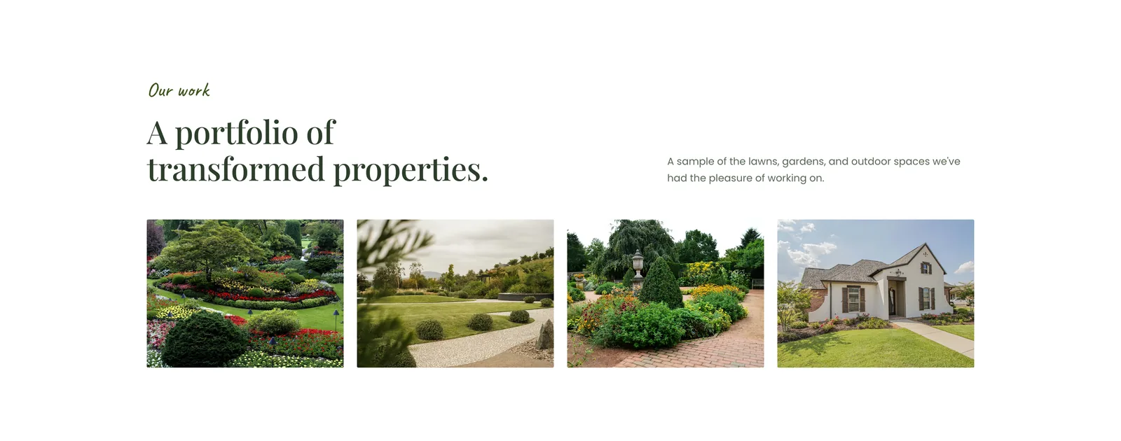 A row of four landscaping project photos under the heading "A portfolio of transformed properties".