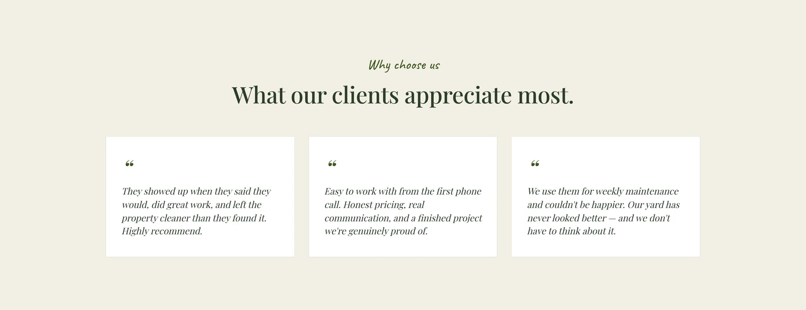 Three client quotes in cards under the heading "What our clients appreciate most".