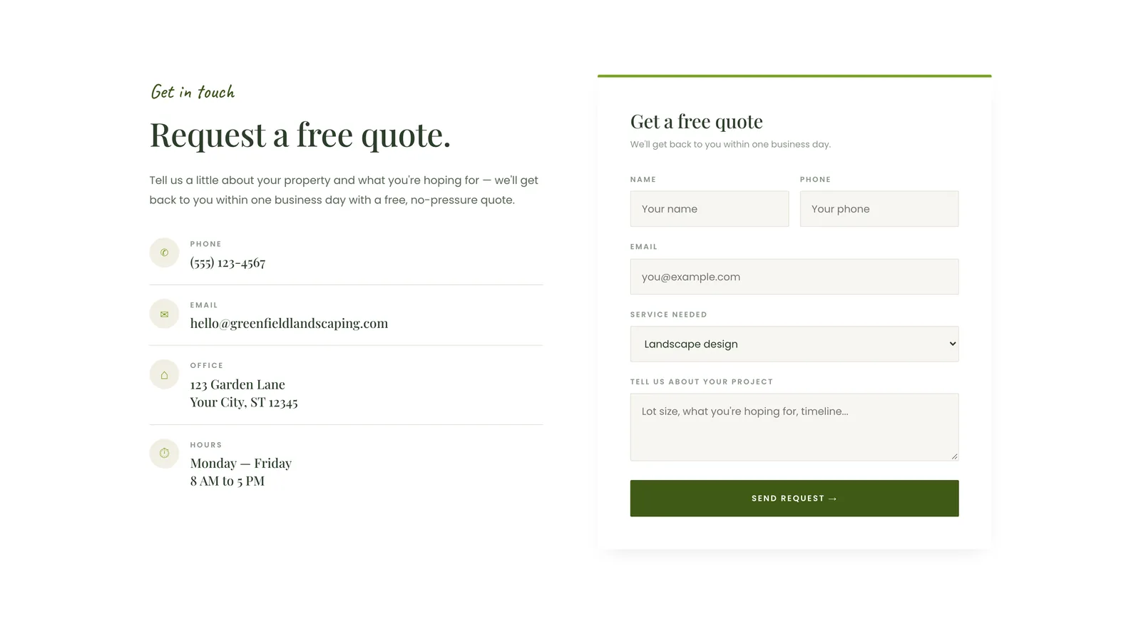 A contact section with phone, email, address and hours next to a quote request form.