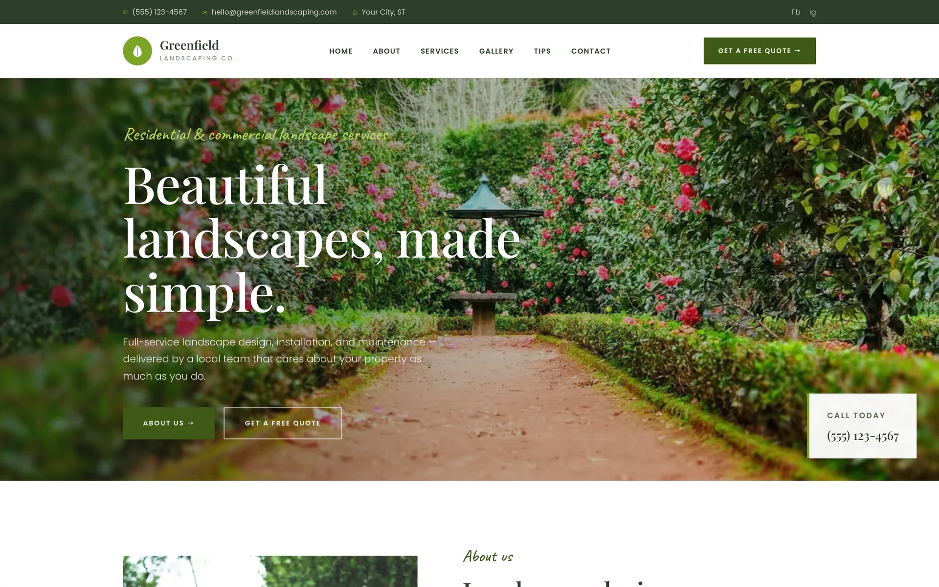 The first screen of template 1: a garden path photo with the headline "Beautiful landscapes, made simple", two buttons and a phone number.