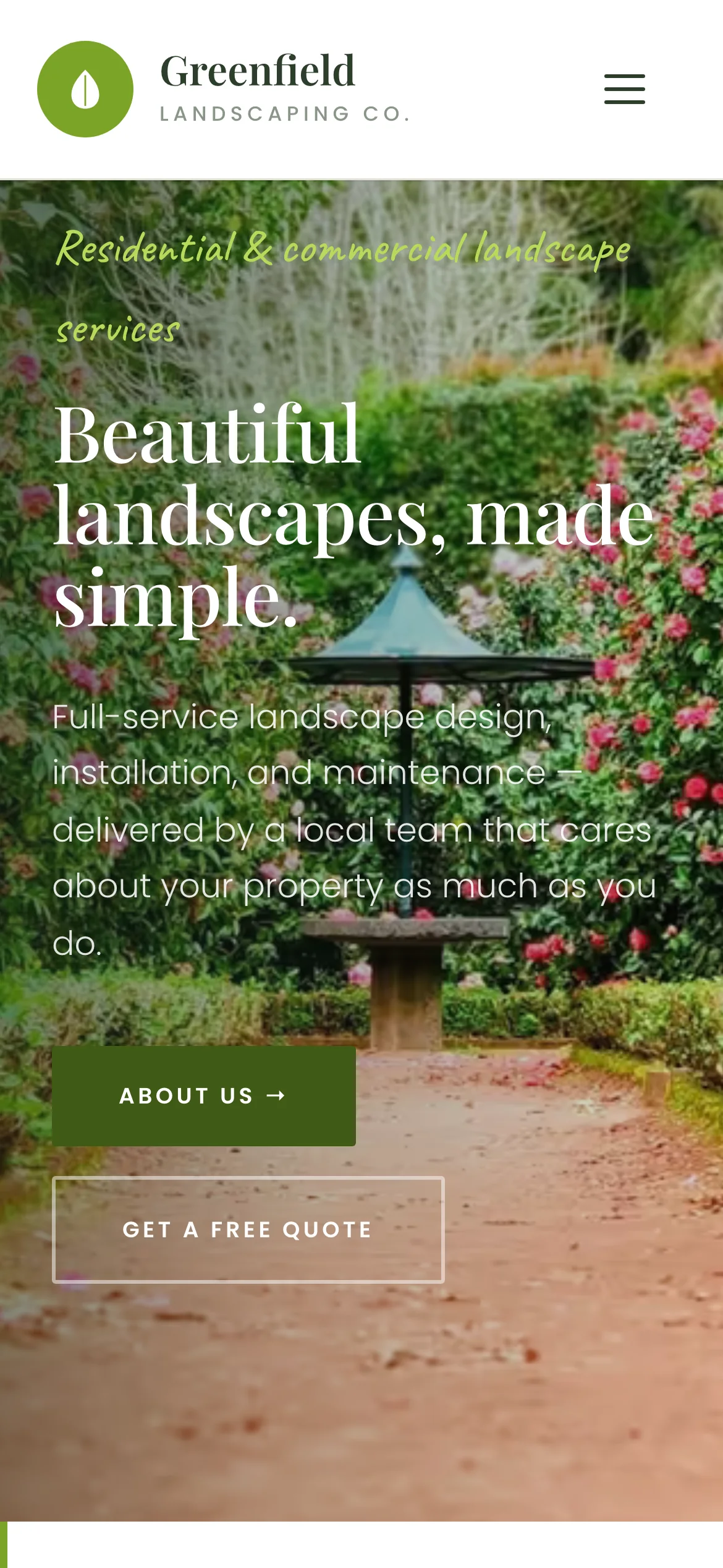 Template 1 on a phone: the top bar, the logo, a garden photo and the headline with two buttons.