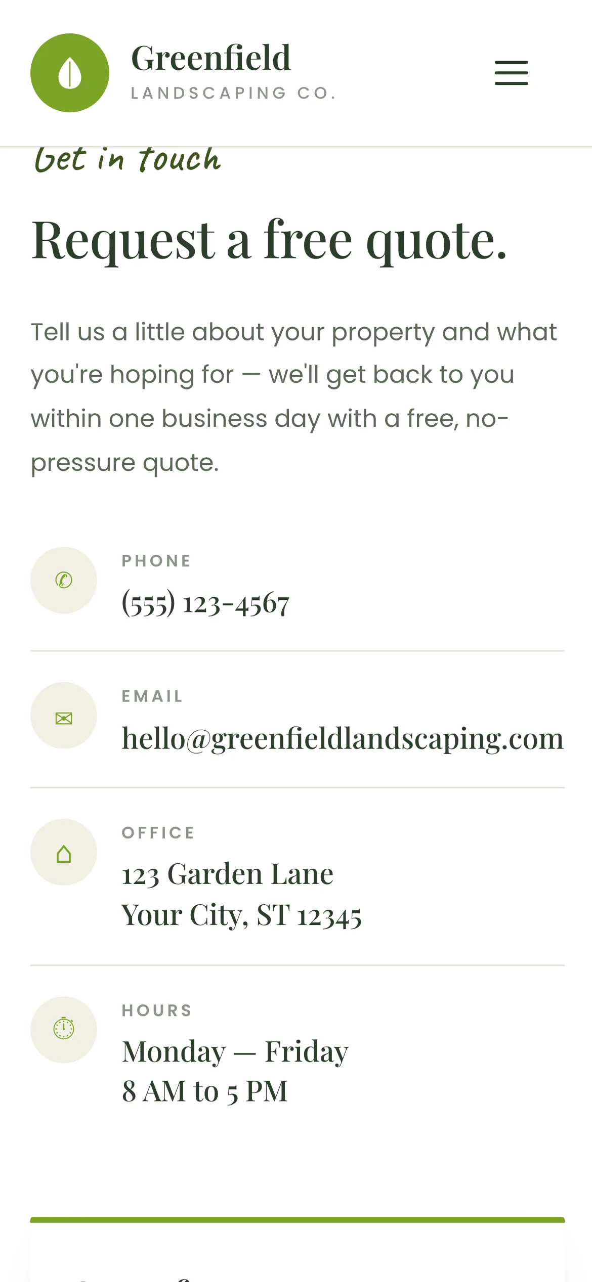 The get in touch section of template 1 on a phone: the heading, then phone, email, office address and opening hours listed above the quote form.