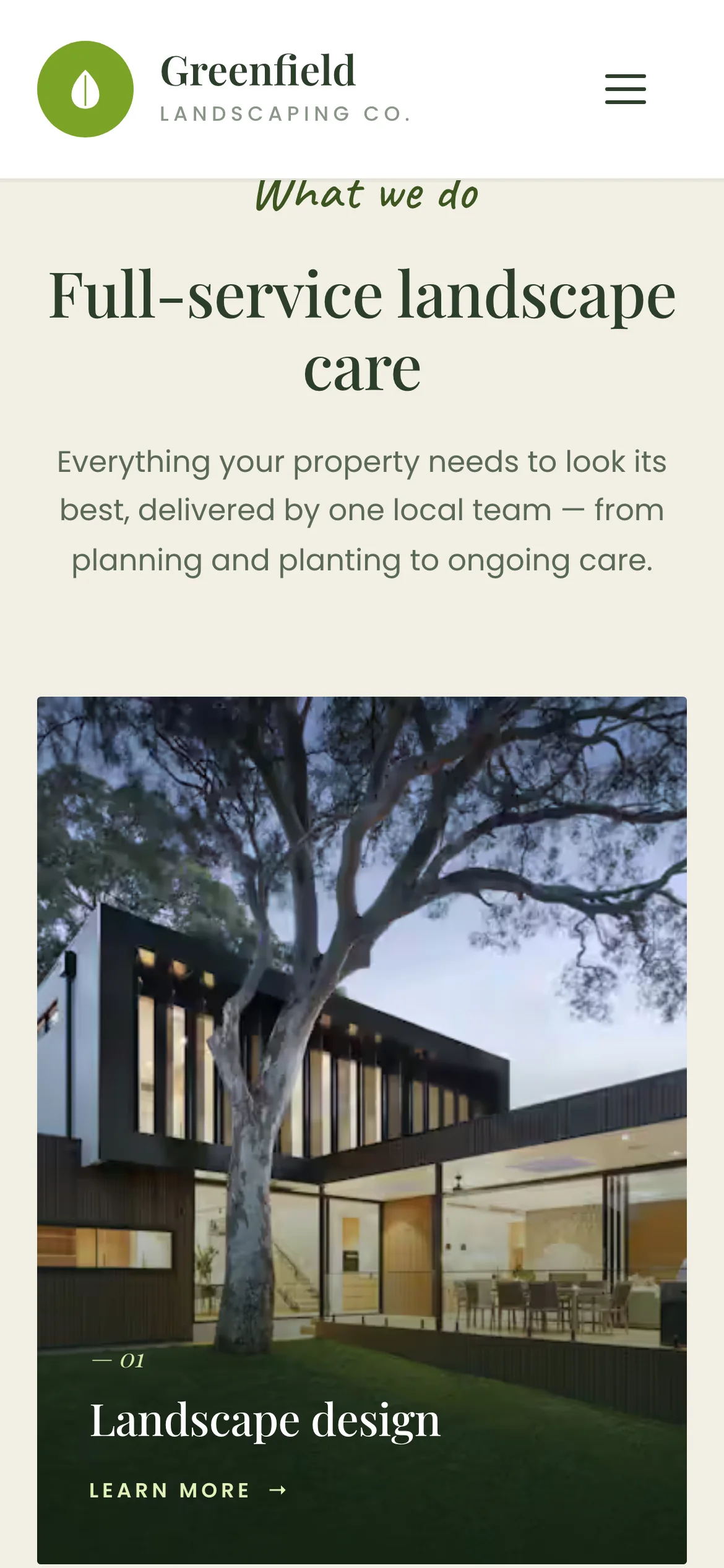The what we do section of template 1 on a phone: the heading, then the first service card, a landscape design photo with a learn more link.