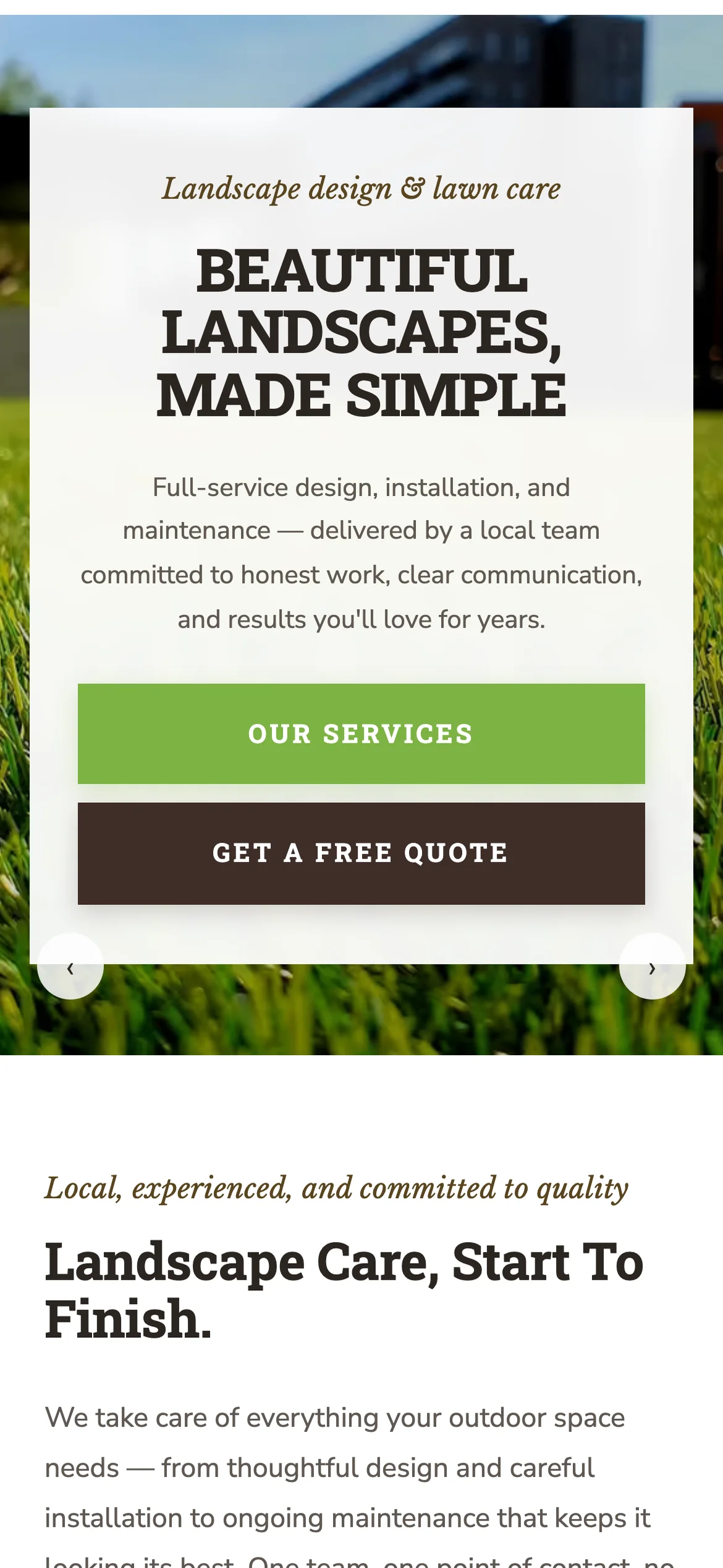 Template 2 on a phone: a boxed uppercase headline over a lawn photo with two stacked buttons.